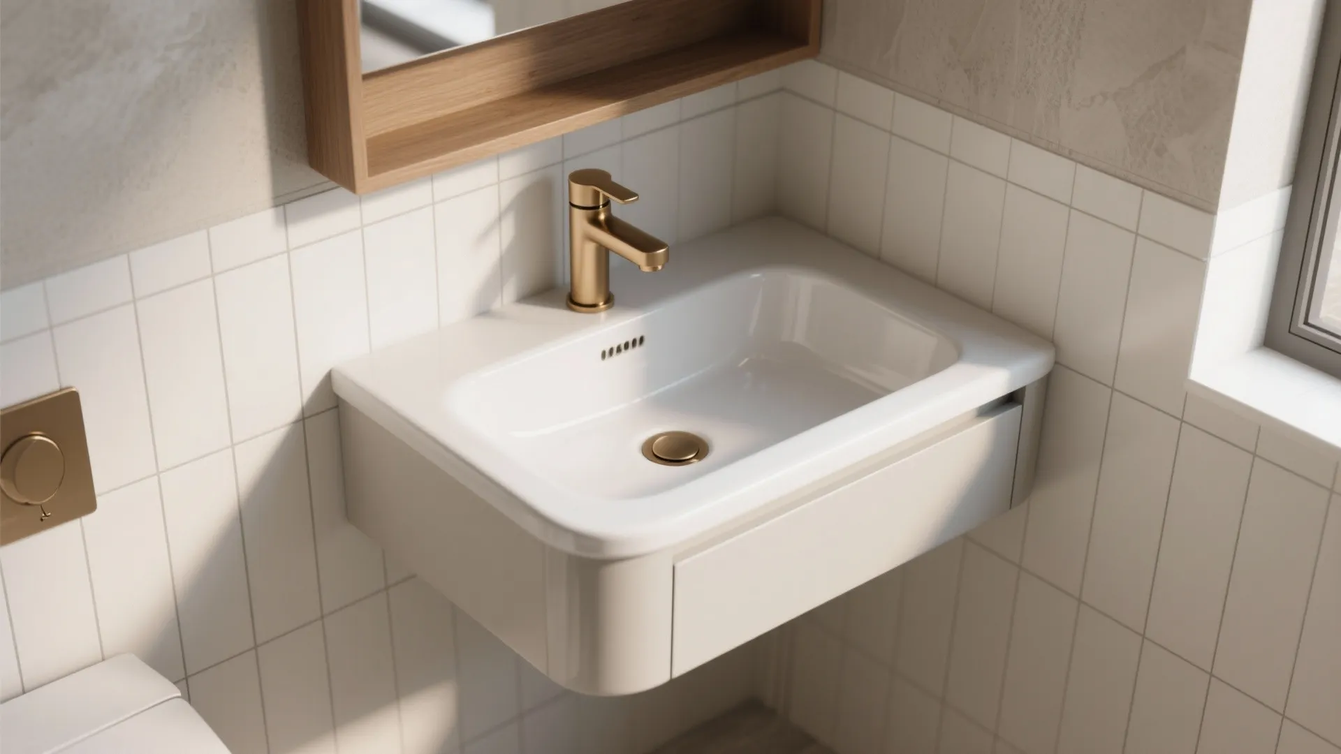 White bathroom sink with gold faucet and gold drain on white tile wall with wood mirror