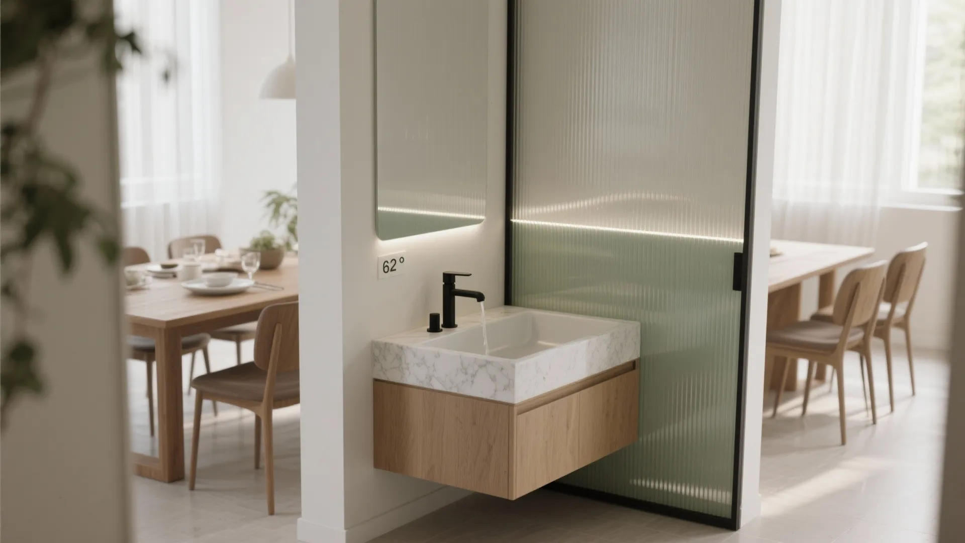 Modern wood bathroom cabinet with marble sink black faucet glass wall and dining room background