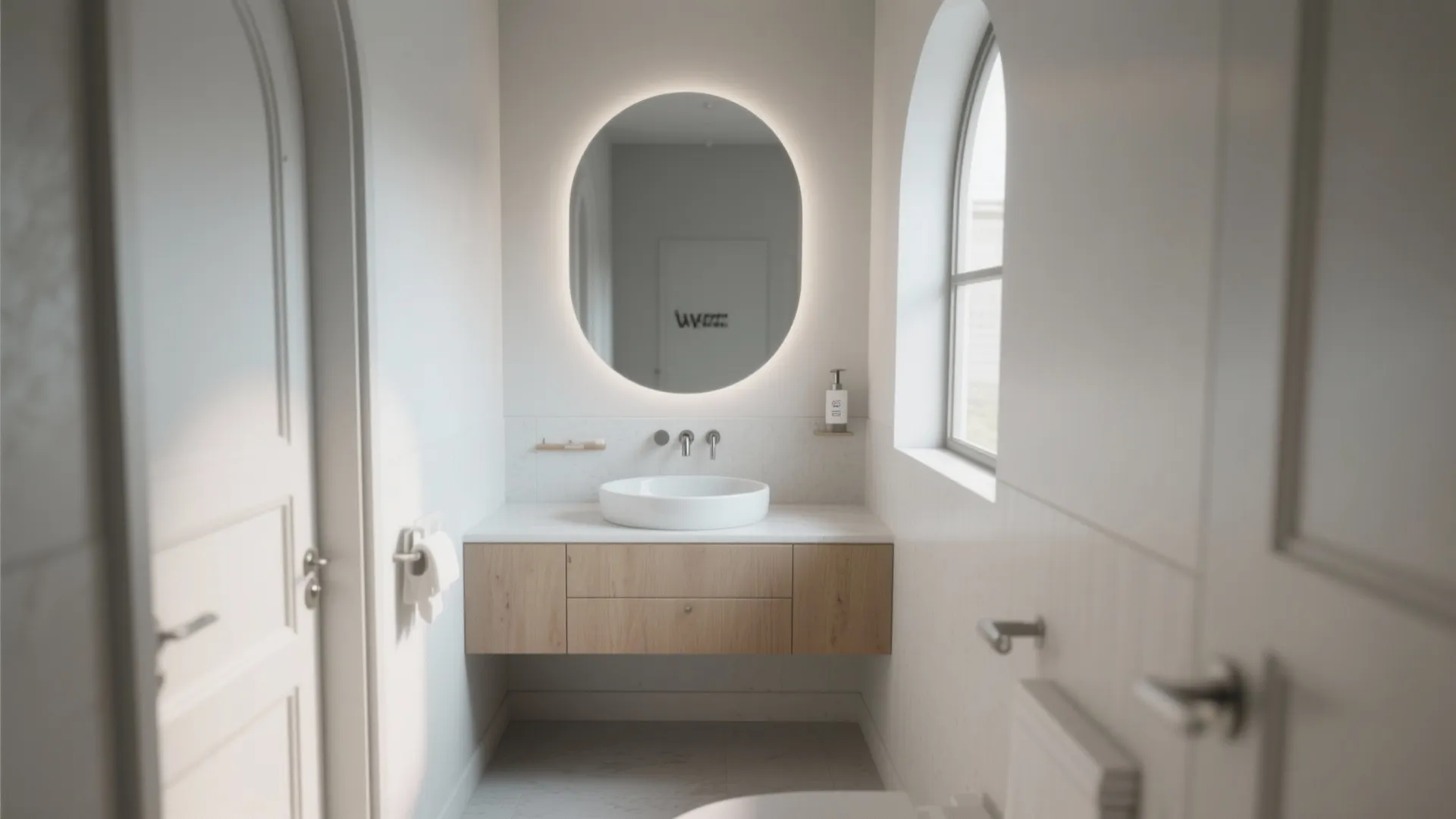 Small bathroom with a round lighted mirror over a white basin and wooden cabinet storage