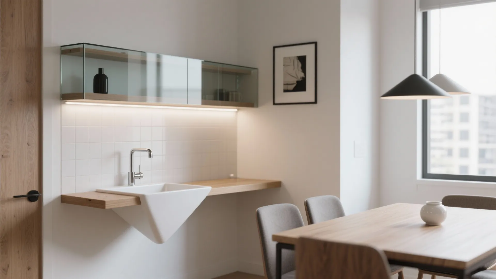 Modern white corner sink with metal faucet on wood shelf in bright kitchen dining area