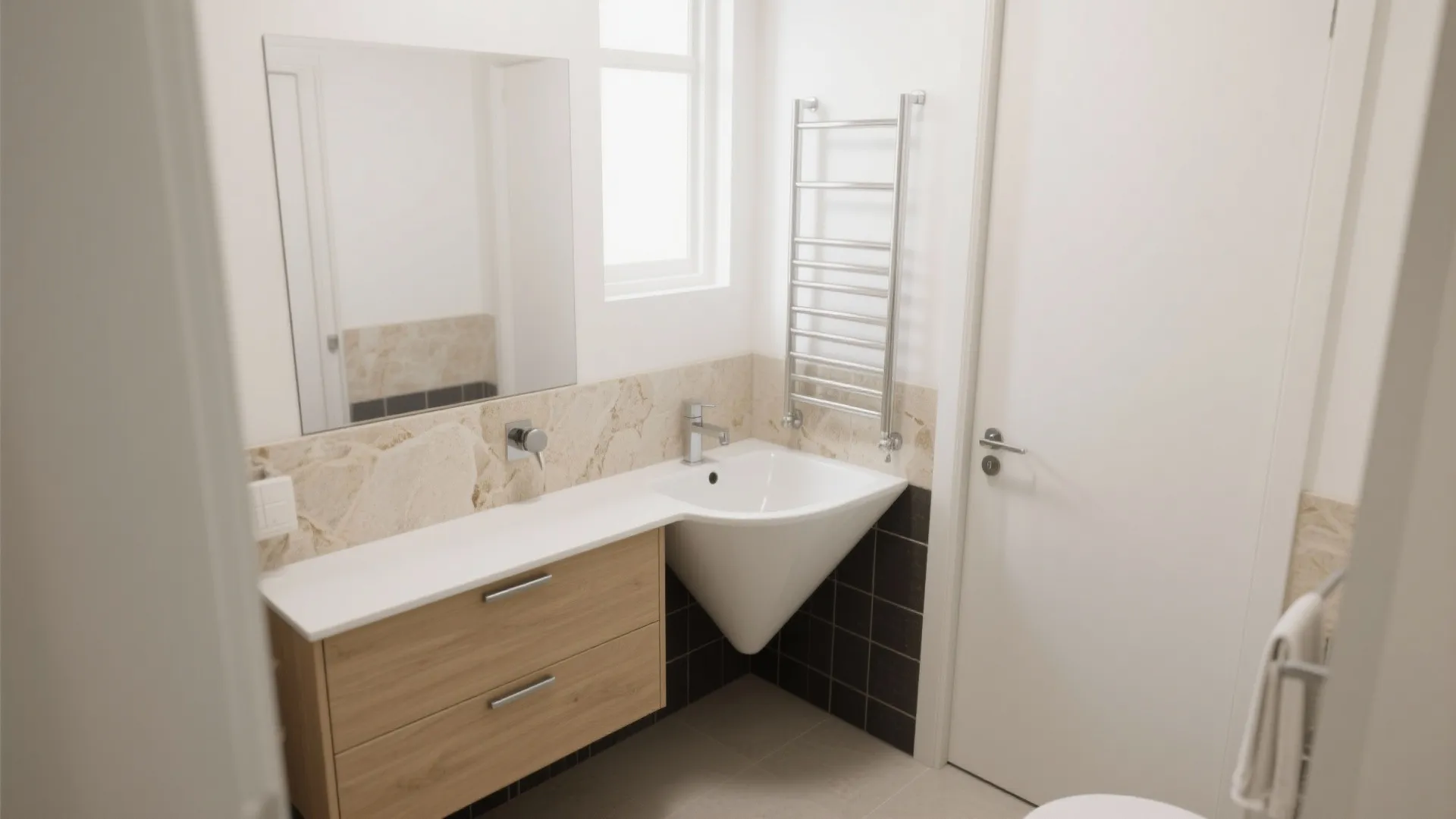 4) Corner or asymmetric basin to free the center aisle