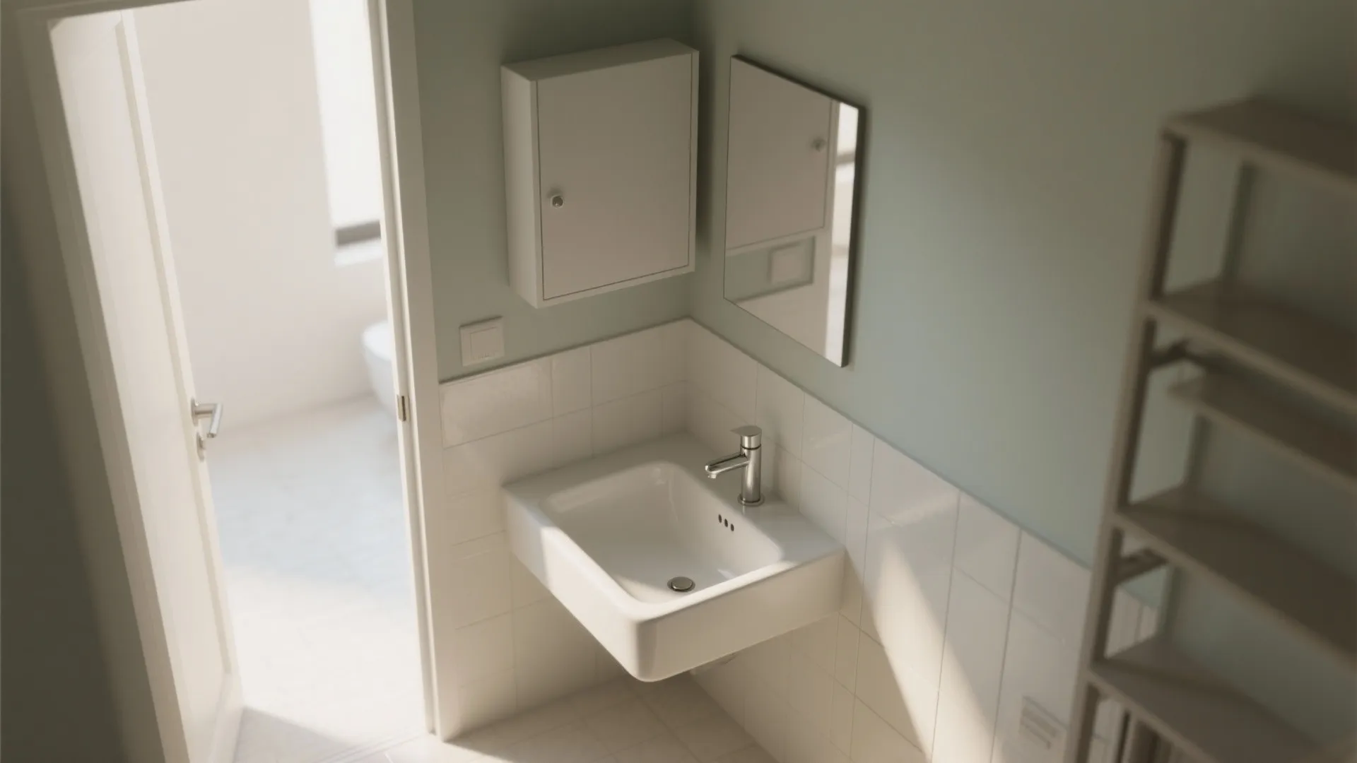 Corner small bathroom basin clears door swing and improves circulation in a tight powder room.