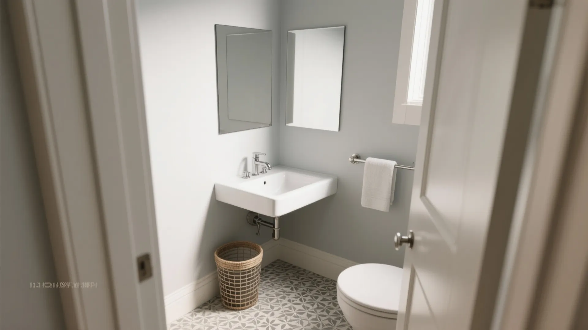 Compact corner sink with adjacent-wall mirror showing clear diagonal circulation.