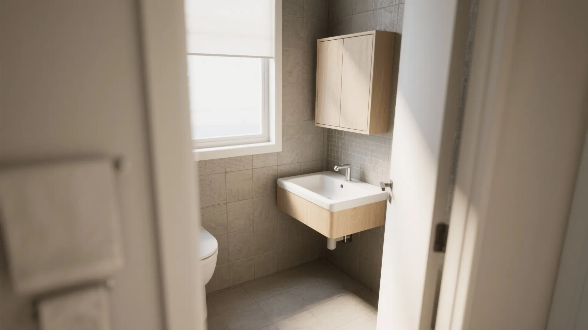 Small bathroom with a white wall sink, wooden cabinet, grey tiles, and a bright window