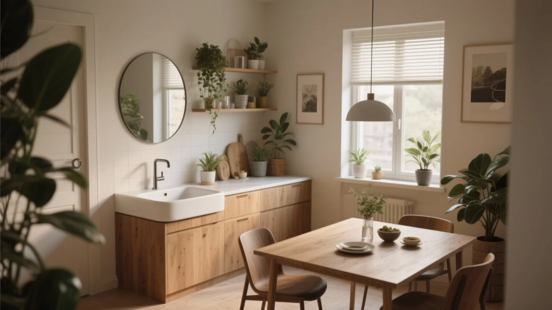 Modern kitchen with white sink wood cabinet round mirror wall plants and wood dining table