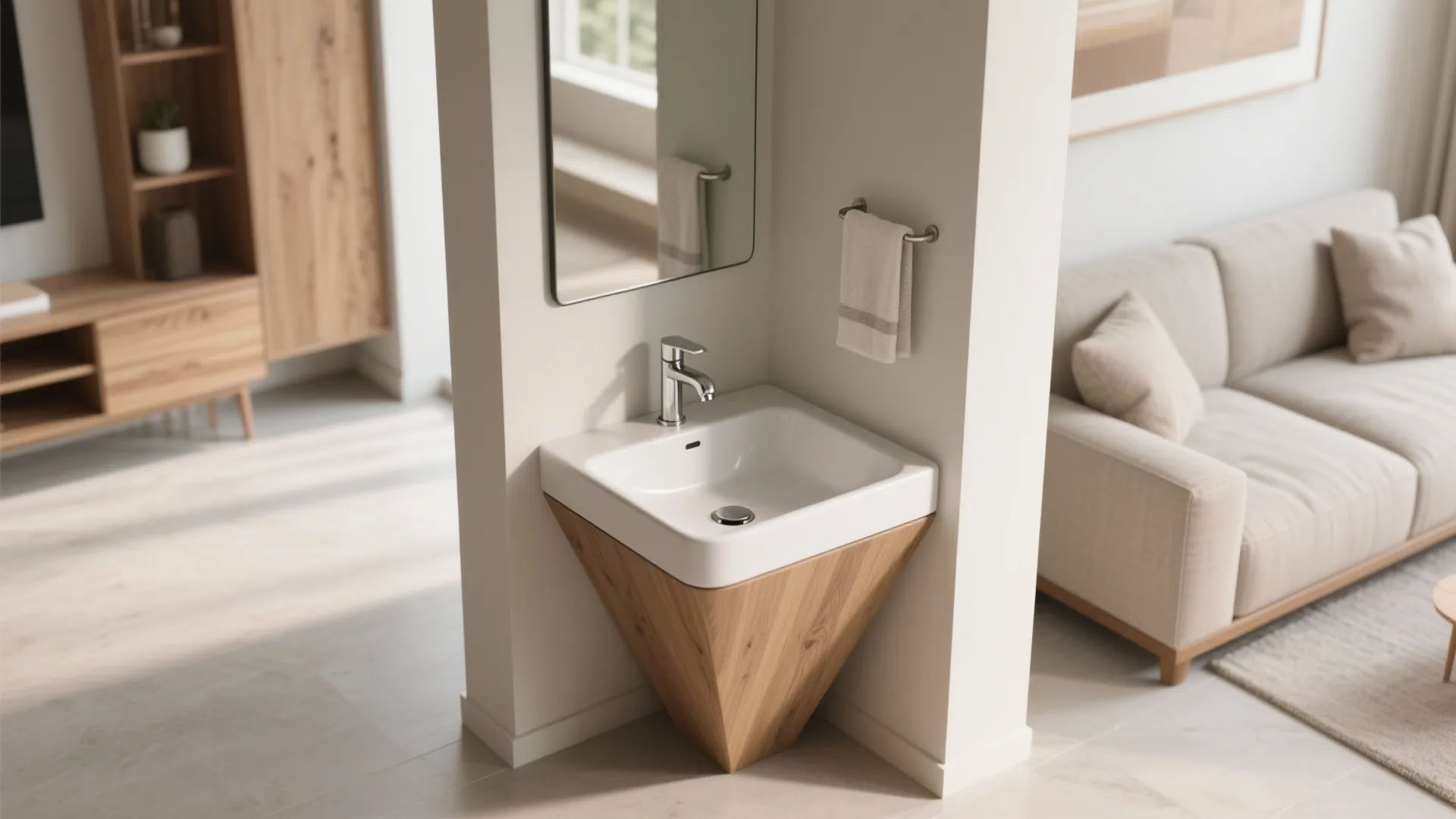 Triangular corner basin beside a column with a rounded front and corner mirror.