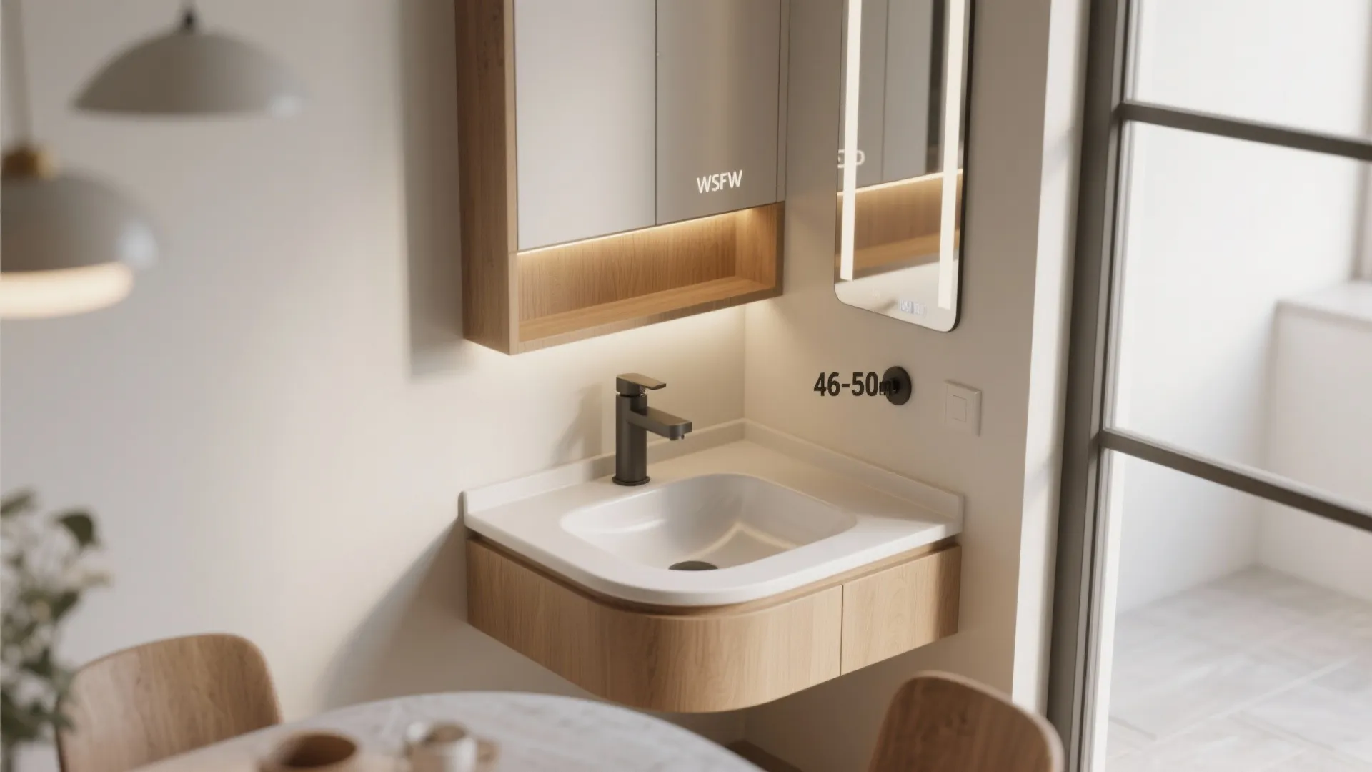 Small bathroom corner with white sink wood cabinet lit mirror wall light and dining area