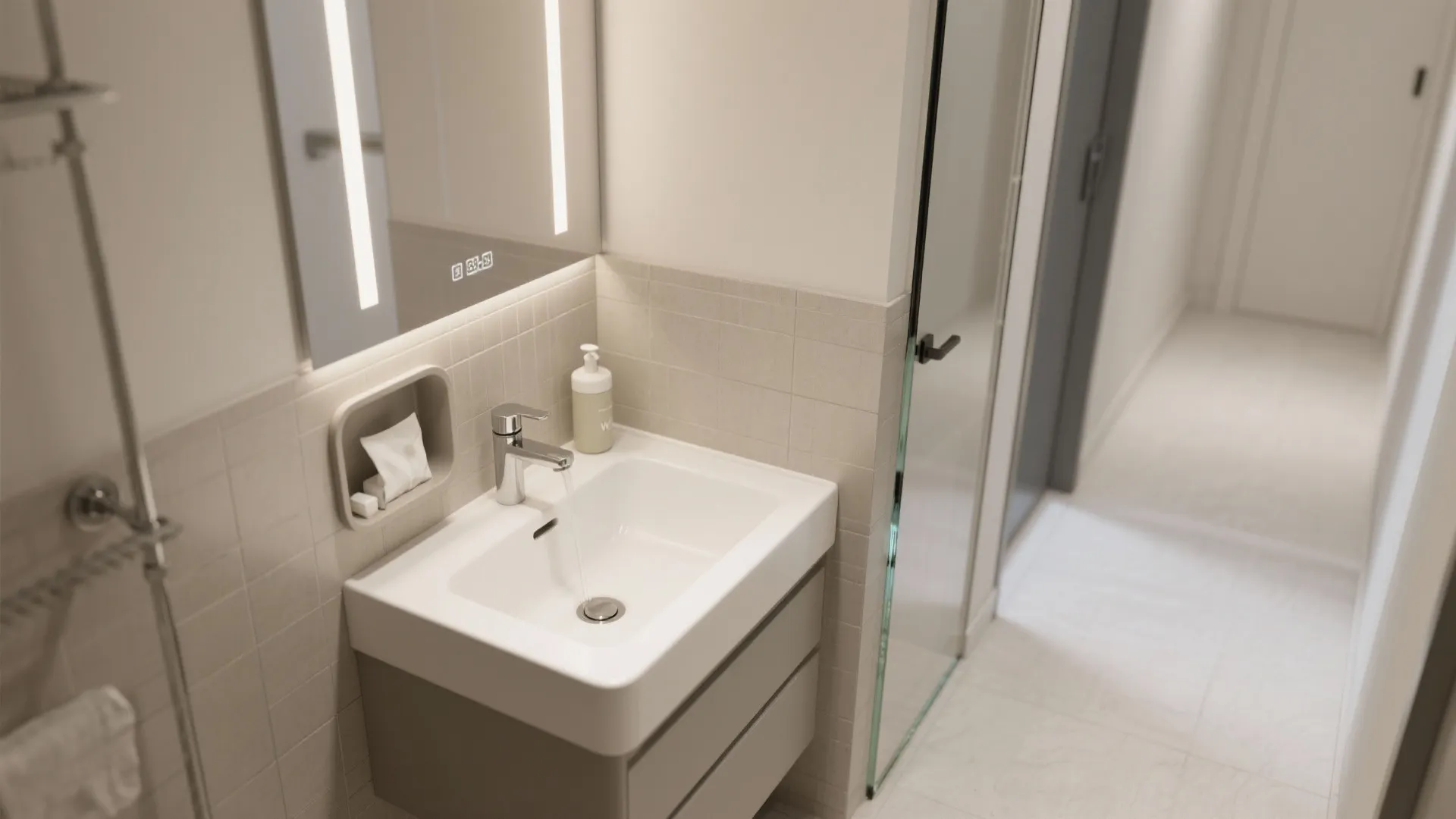 Compact bathroom sink with grey cabinet drawers white wall tiles and a smart led mirror