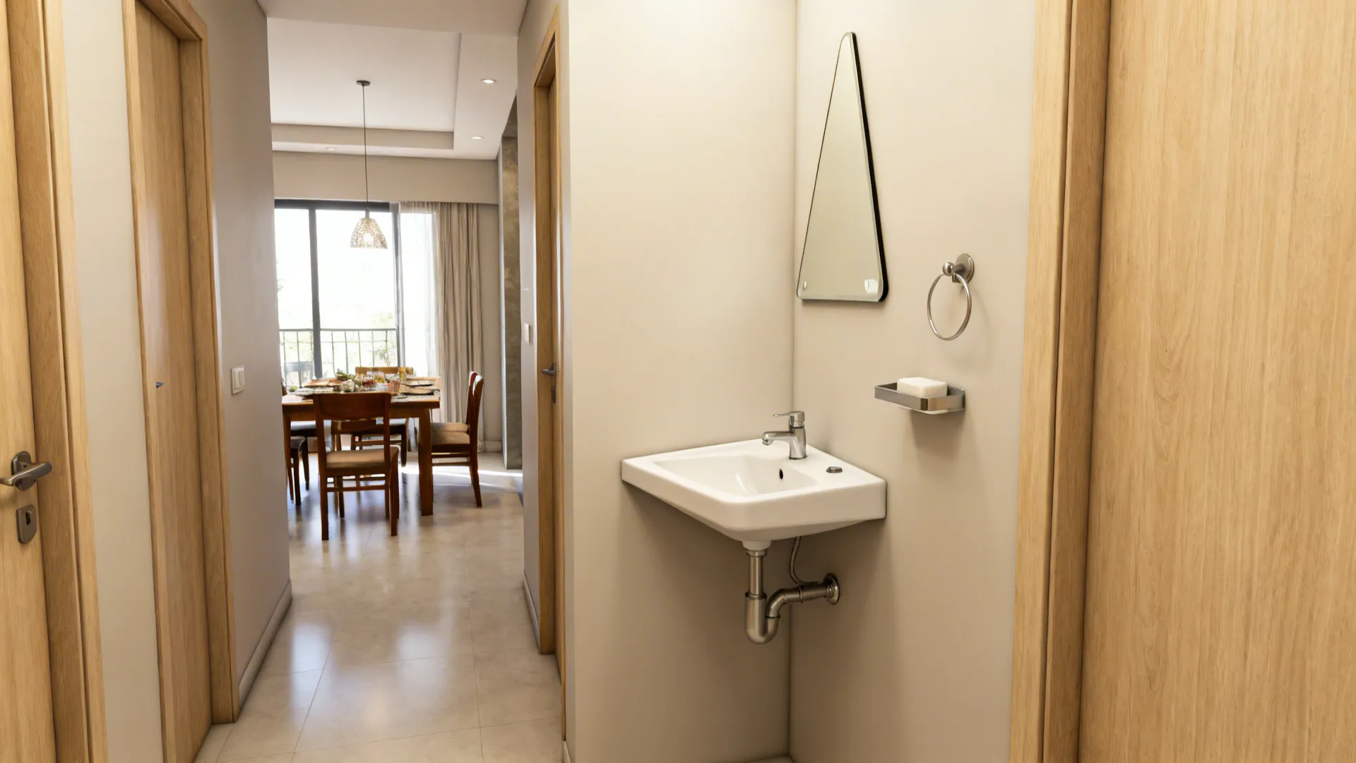 Corner basin in a dining passage, freeing up wall space and improving flow.