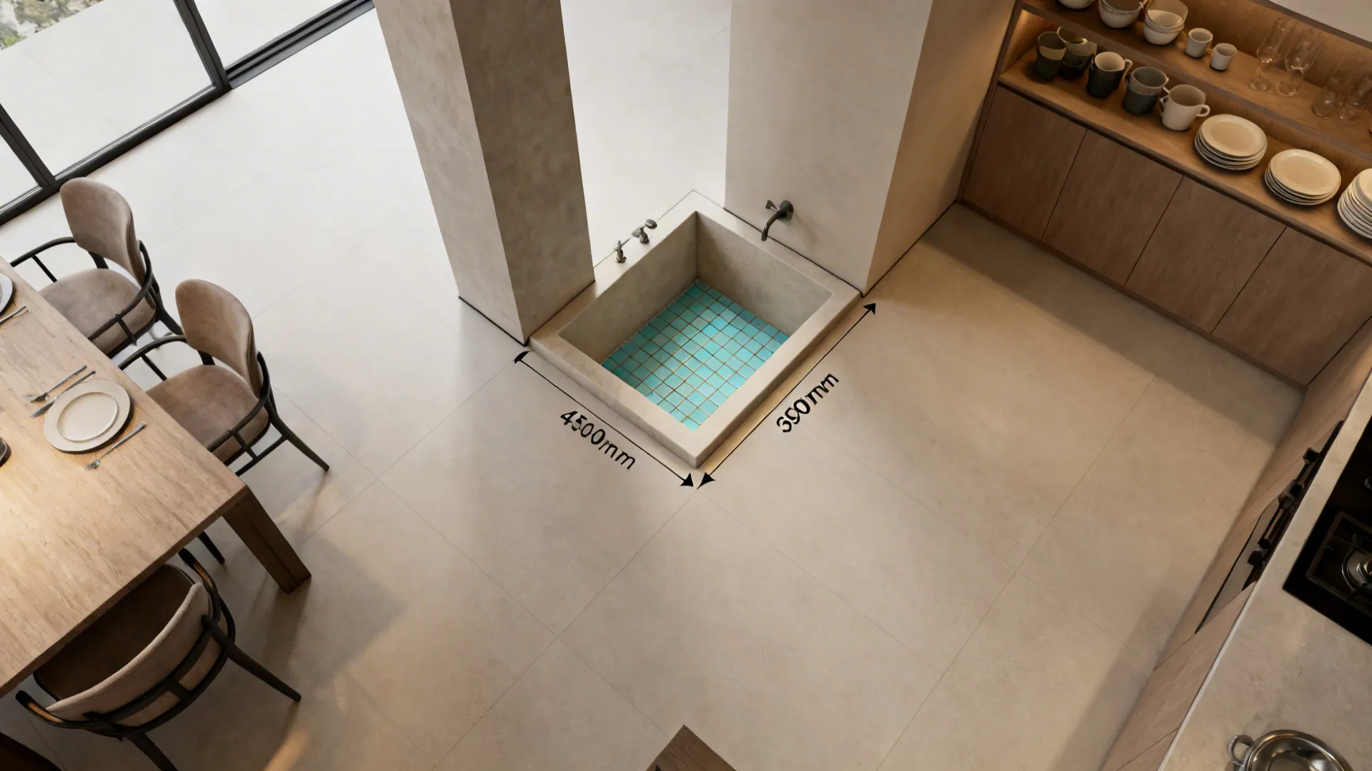 Top-down view of a dining layout with a corner basin and clear circulation.
