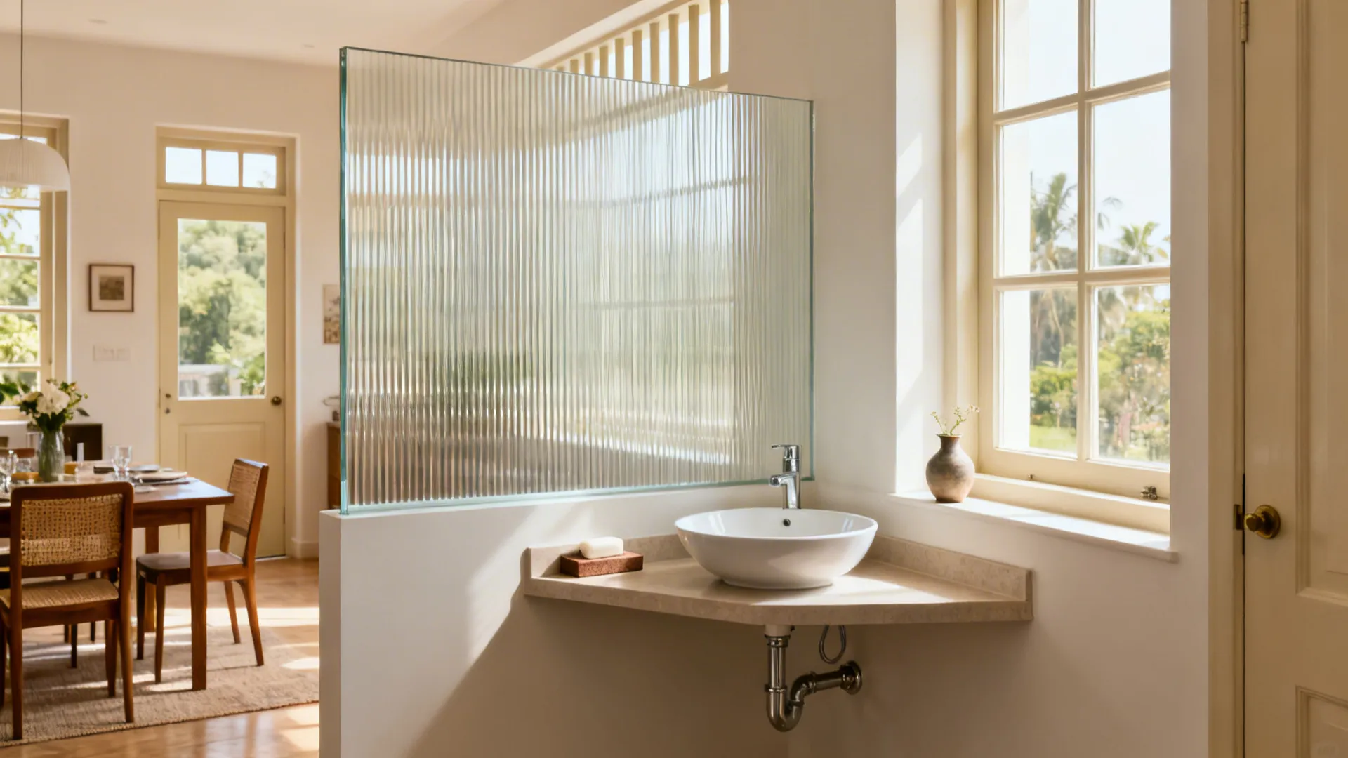 Corner basin by dining area with a half-height fluted glass privacy screen.