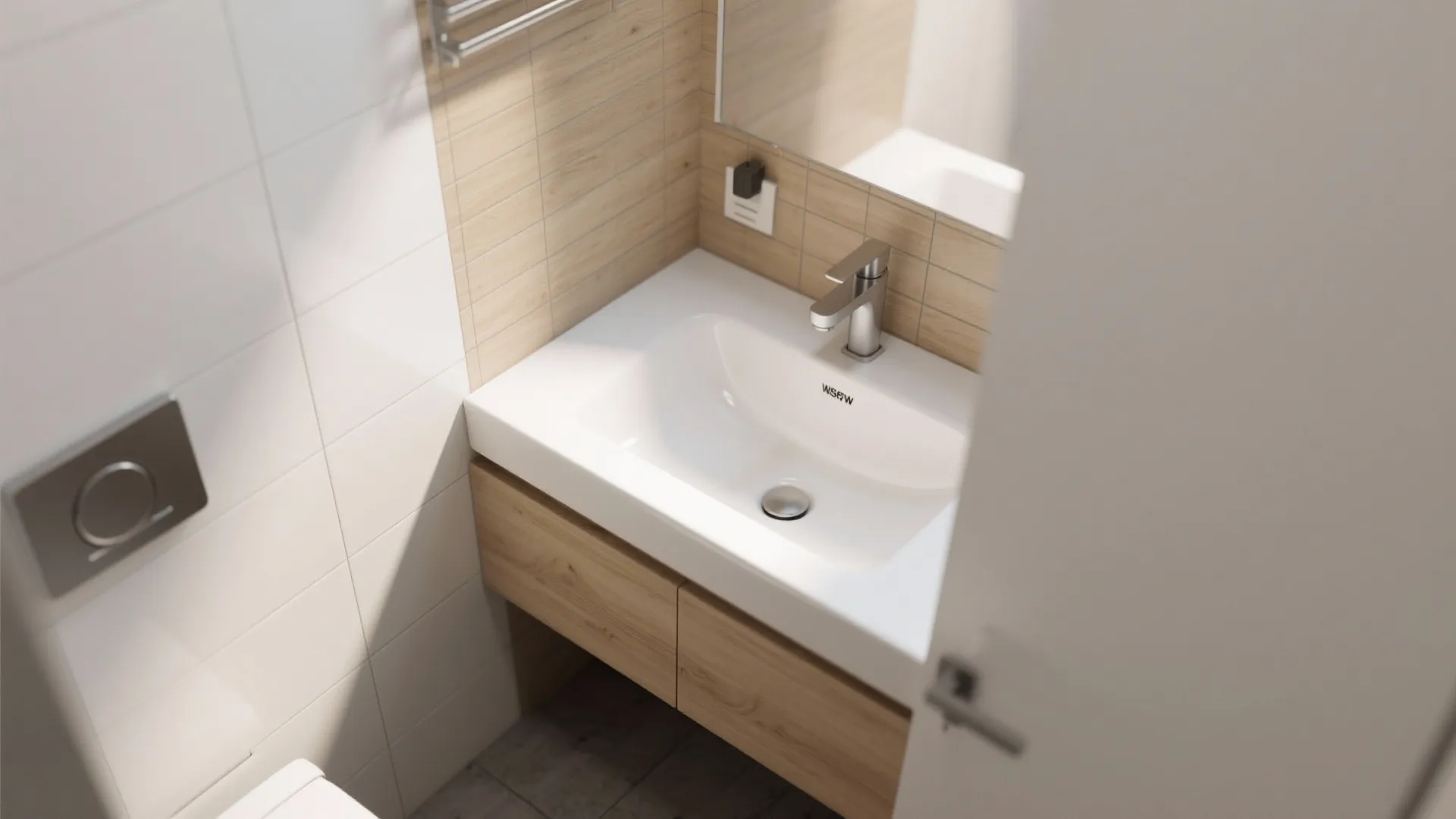 Modern white sink with silver faucet on a wooden cabinet in a small bright bathroom