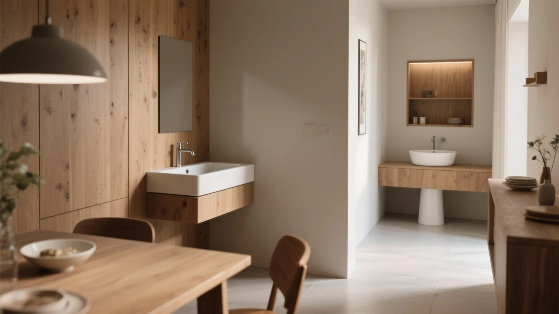 Modern room layout featuring wooden wall panels white sinks dining table chairs and ceiling light