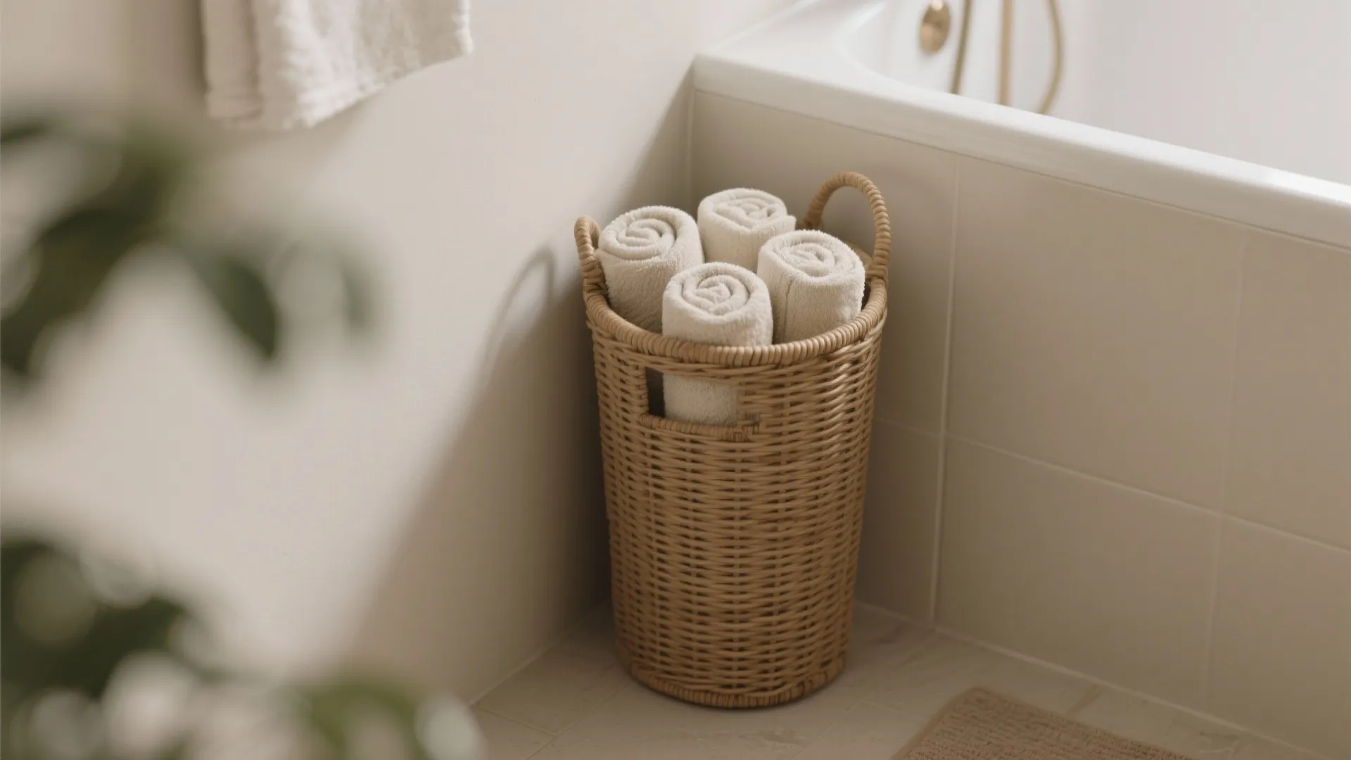 Tall round woven laundry basket filled with white rolled towels standing in a bathroom corner