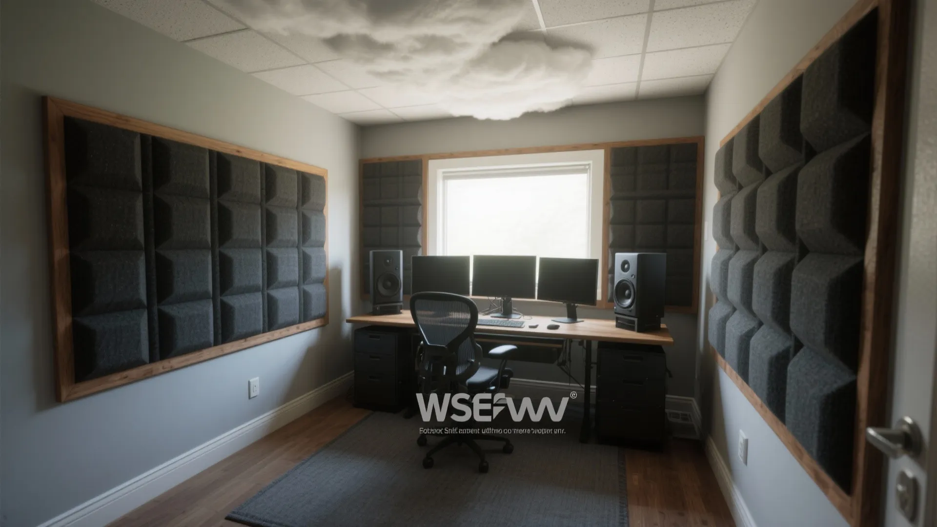Front corners treated with floor-to-ceiling fabric-wrapped superchunk bass traps in a compact control room.