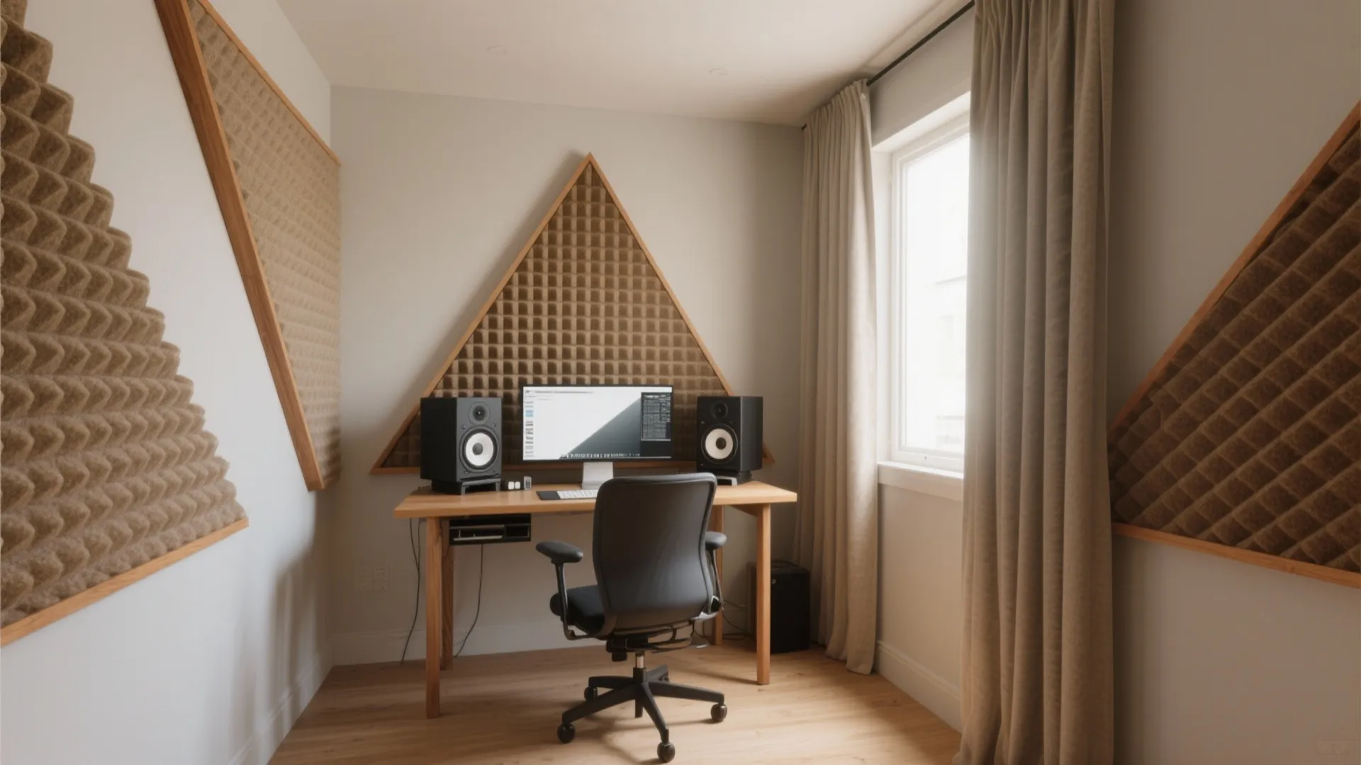 Front corner superchunk bass traps and a slim rear trap integrated into a small study with warm wood accents.