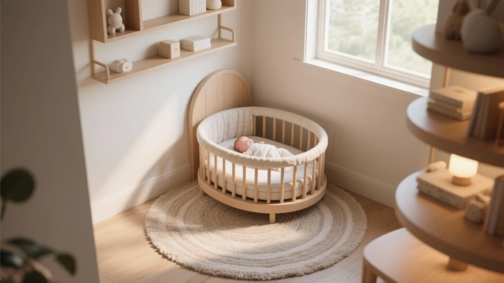 Baby sleeping in a wooden crib on a round rug near a window with shelves