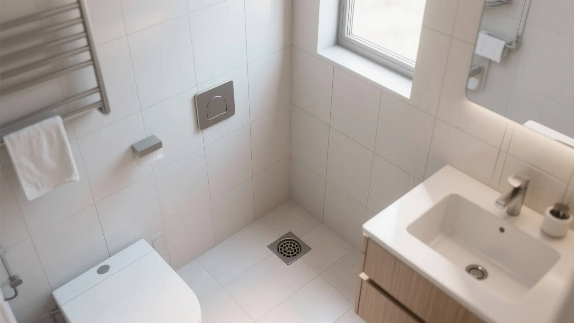 Top down view of small bathroom with white tiles square floor drain and white sink