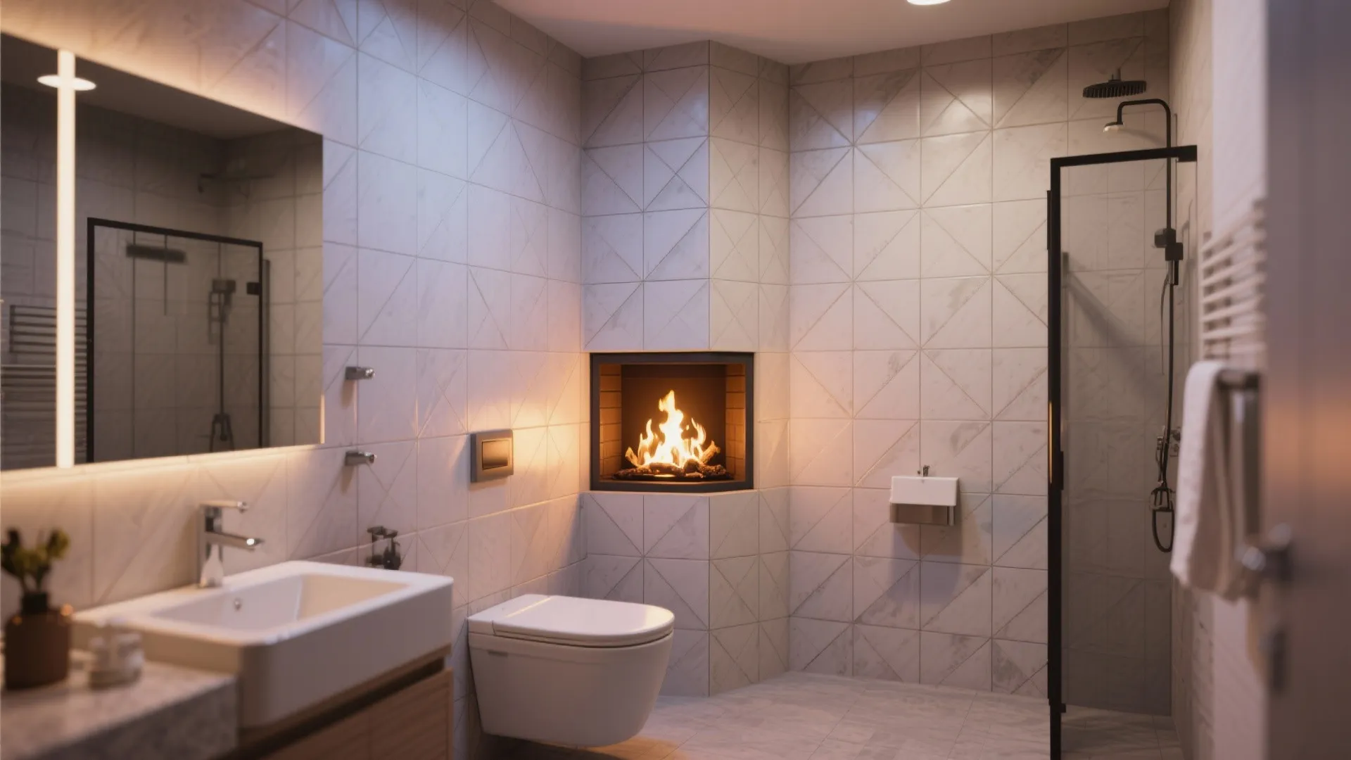 Bathroom interior design featuring a corner fireplace, glass shower door, white sink, and tiled walls