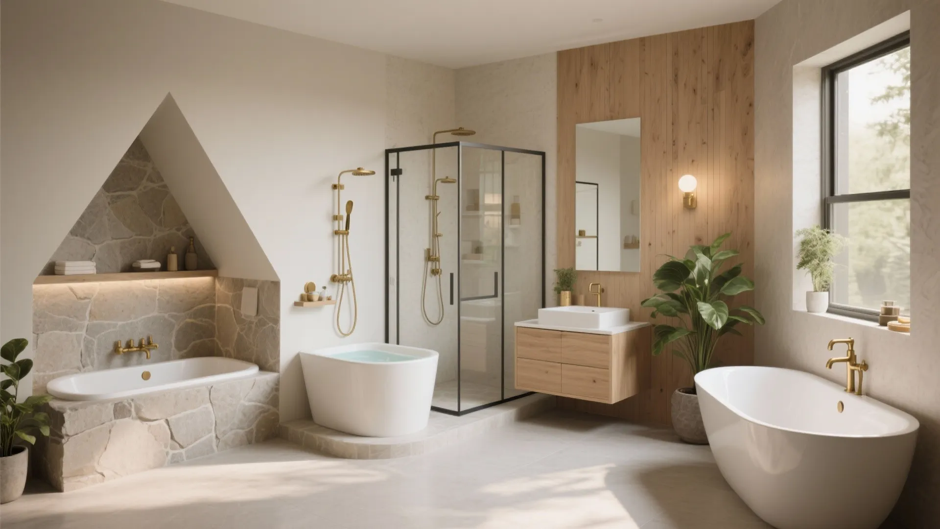 Spacious bathroom featuring three different bathtub styles with wooden wall panels and a large plant