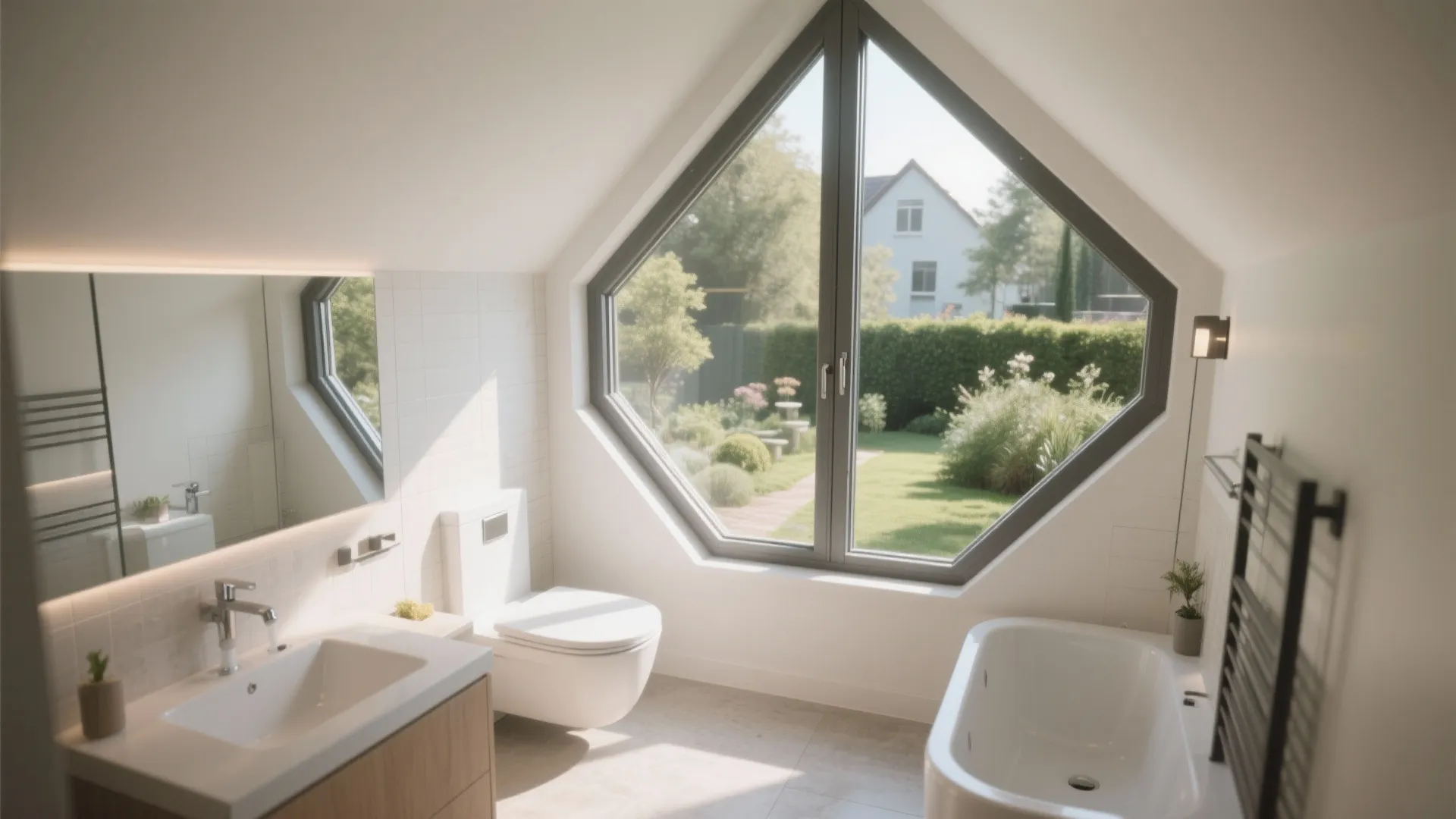 Compact attic bathroom with slim steel-framed corner windows