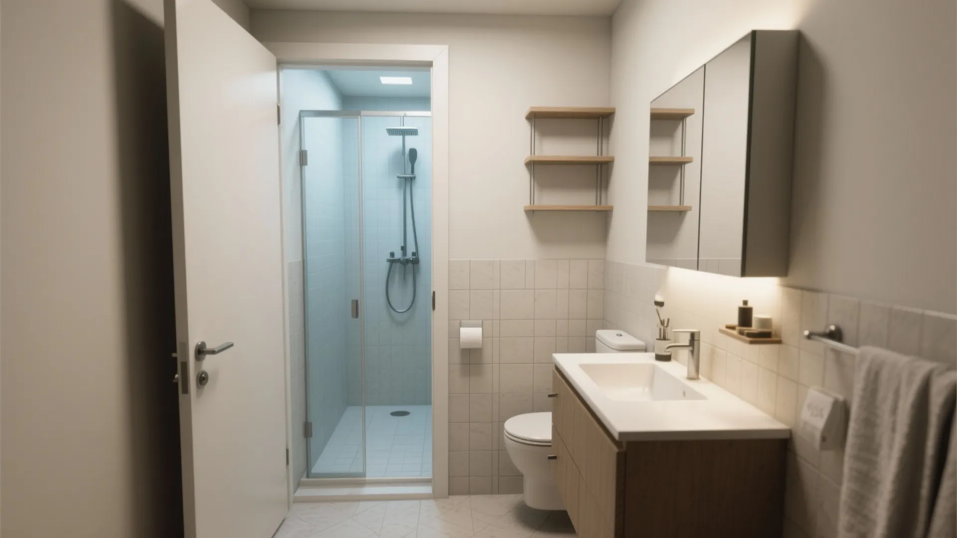 5. Corner Bathroom with Pocket Door and Vertical Storage