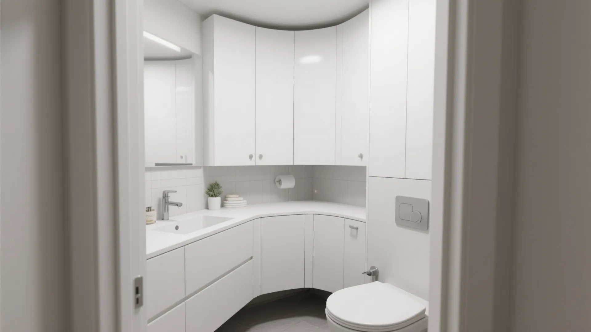 Modern white bathroom with curved corner cabinet vanity toilet sink and bright white interior design