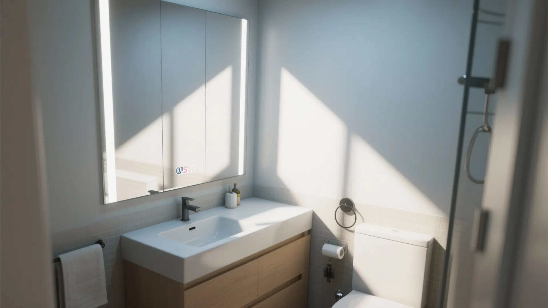 Modern bathroom with a large lit mirror white sink wooden cabinet toilet and bright natural sunlight