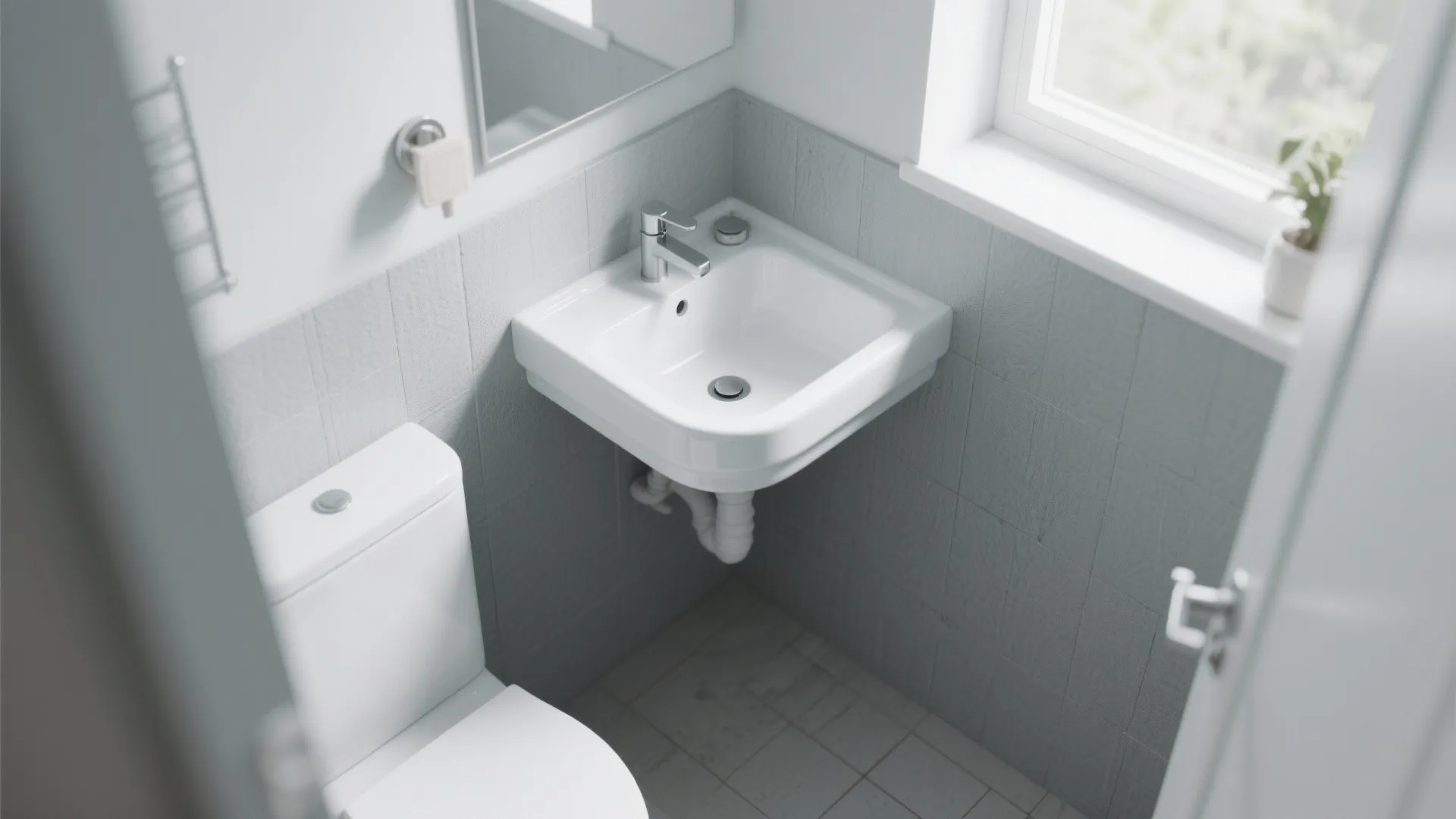 Small white corner sink with silver faucet in a tiny bathroom with grey wall tiles