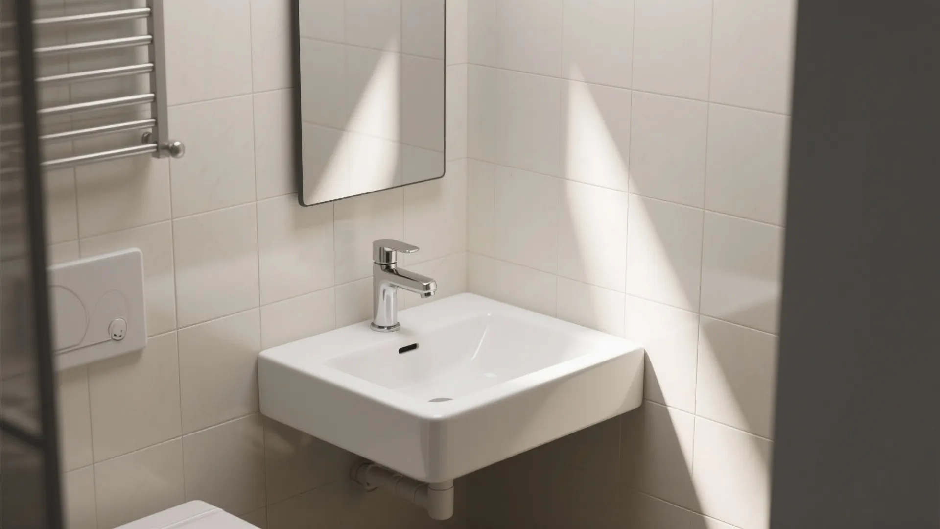Modern white wall mounted bathroom sink with silver faucet mirror and cream tile wall background