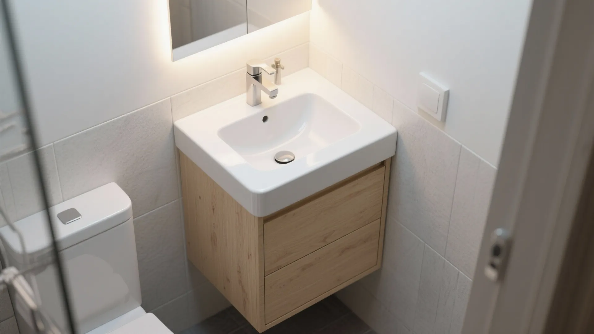 Small wood cabinet with white sink silver faucet white wall tiles and modern toilet seat