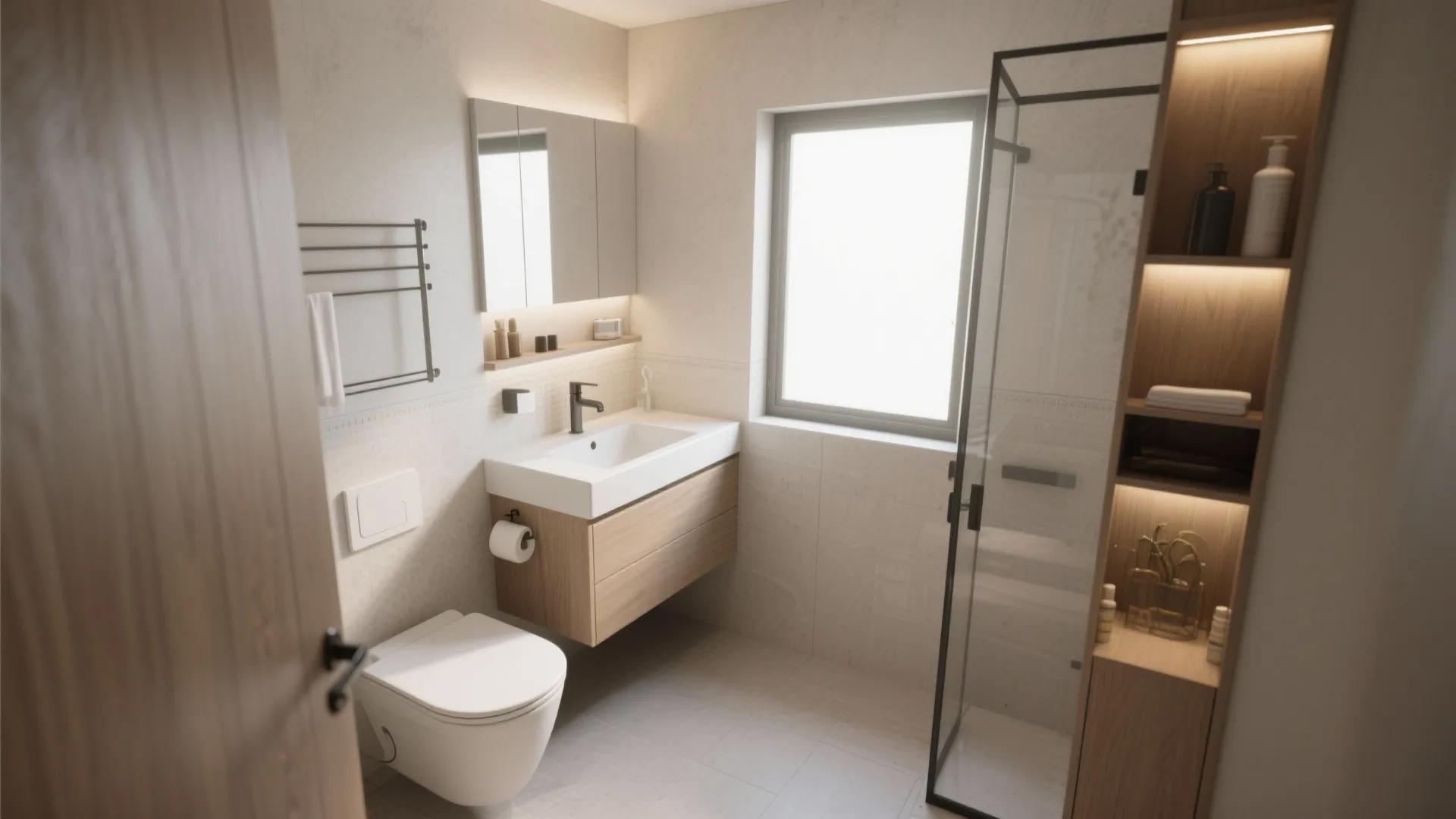 Compact corner vanity in a small modern bathroom