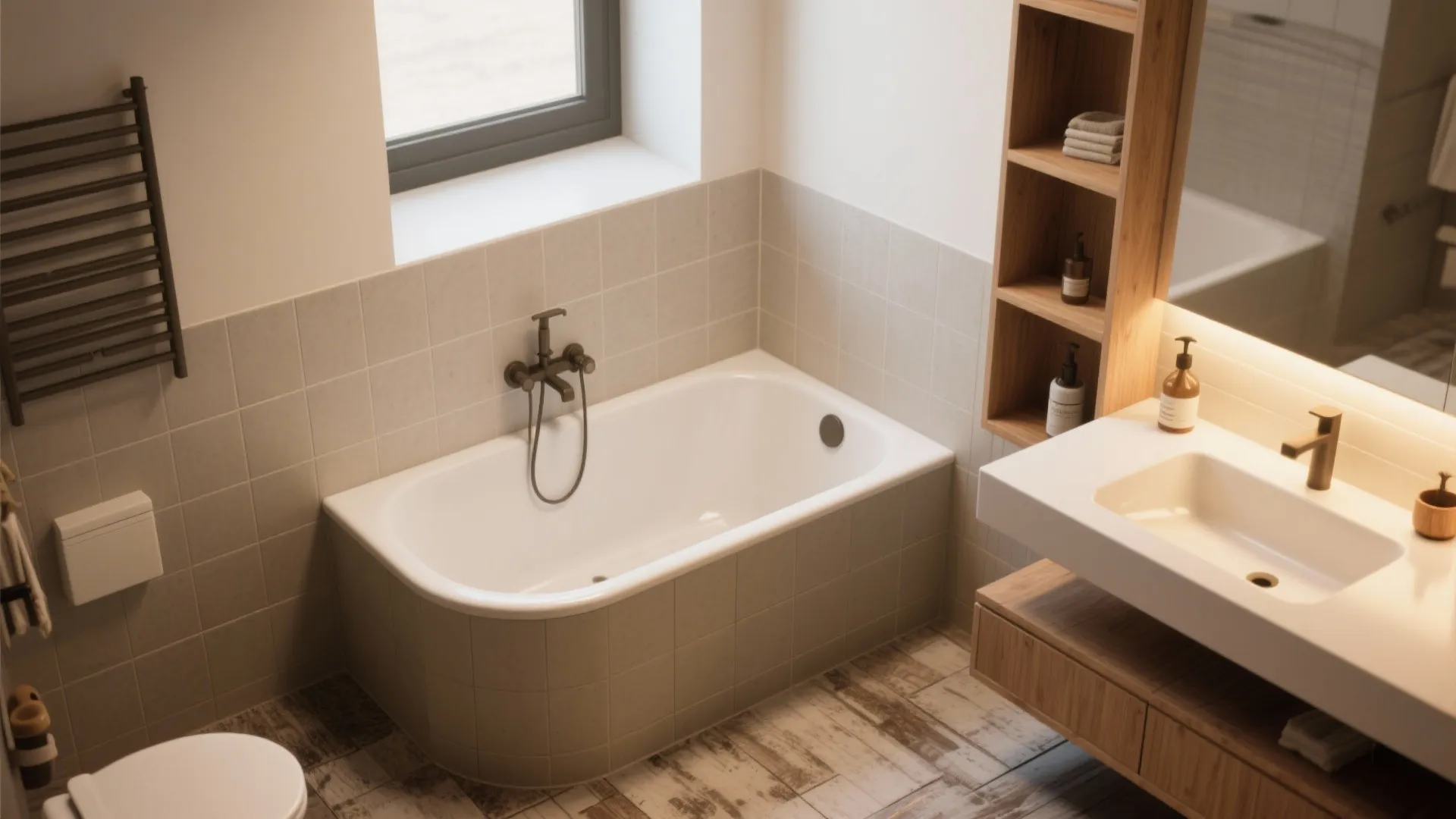 Modern bathroom design with white bathtub grey tiled wall wooden shelf sink and warm light