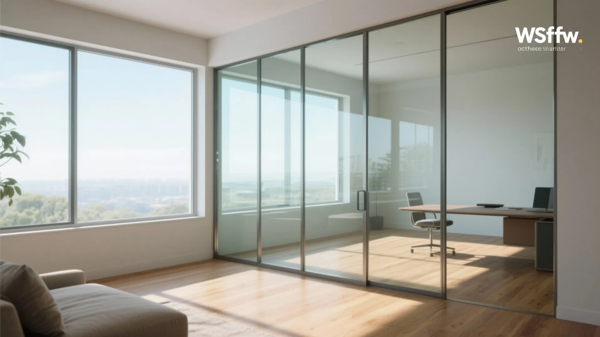 Modern office interior featuring glass sliding doors and a large window with a city view