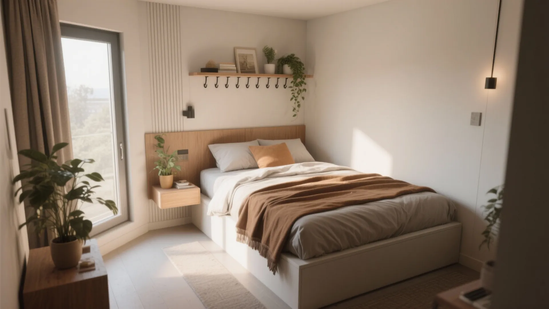 Small bedroom with a bed placed diagonally to improve circulation and create visual interest.