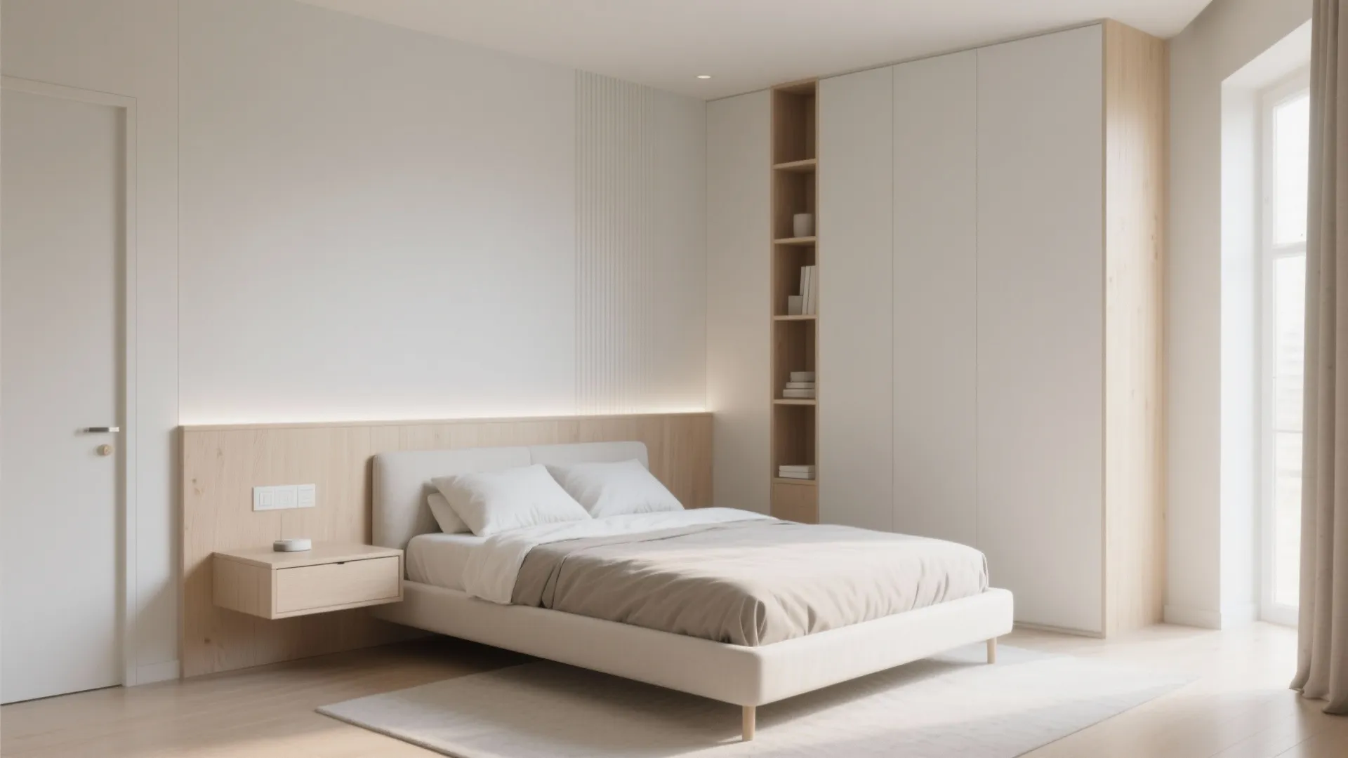 Small bedroom with a double bed pushed into a corner and a floating nightstand to free floor space.