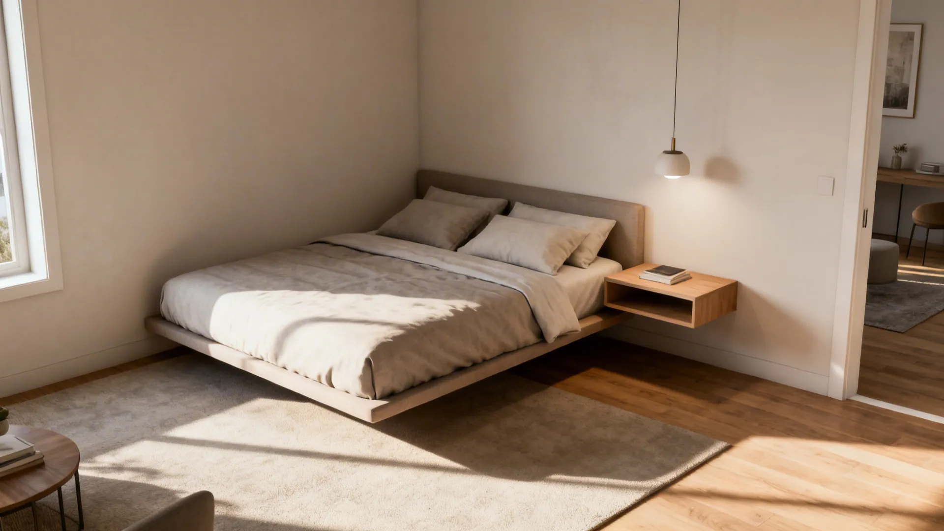 Corner-positioned double bed with a floating nightstand and open floor space.