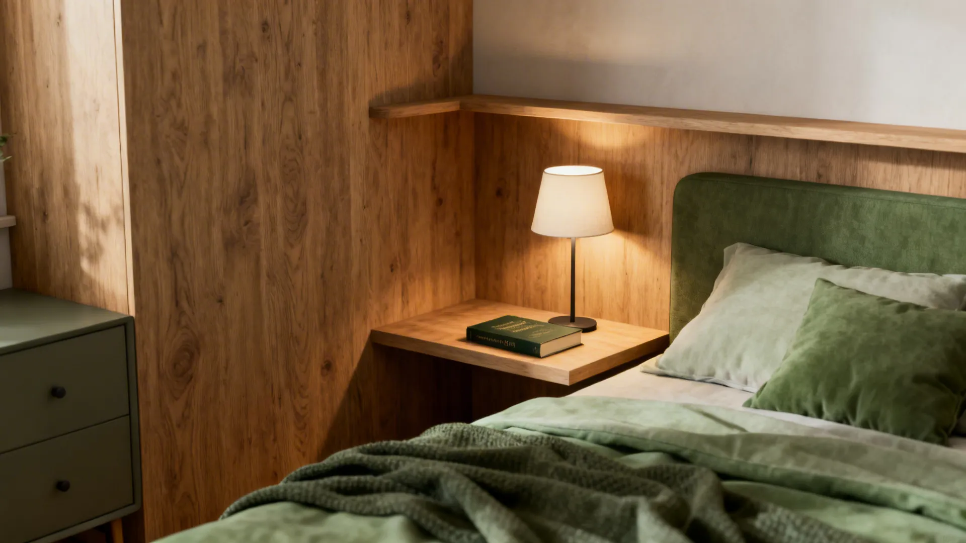 Corner bed with an integrated headboard shelf holding a lamp and book in a small bedroom.