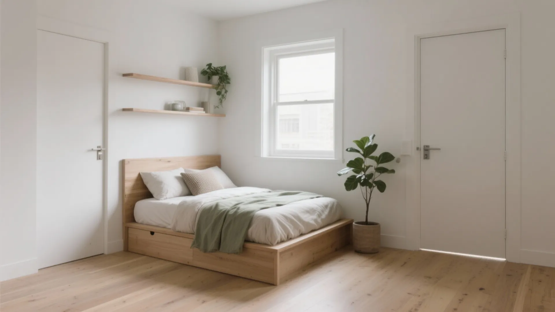 Minimalist bedroom featuring a wooden storage bed, white walls, green plant, and natural window light