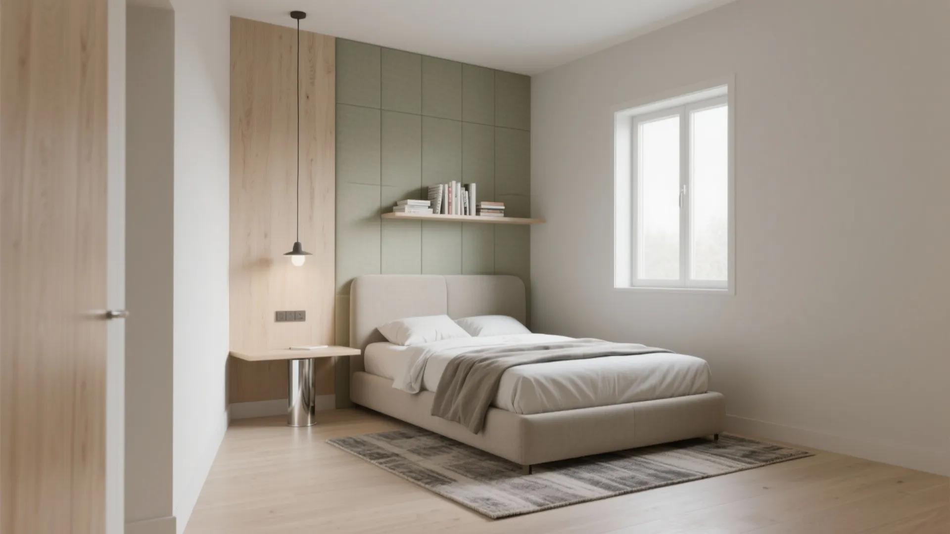 Bedroom featuring beige bed against green wall panel with wooden shelf and a hanging light