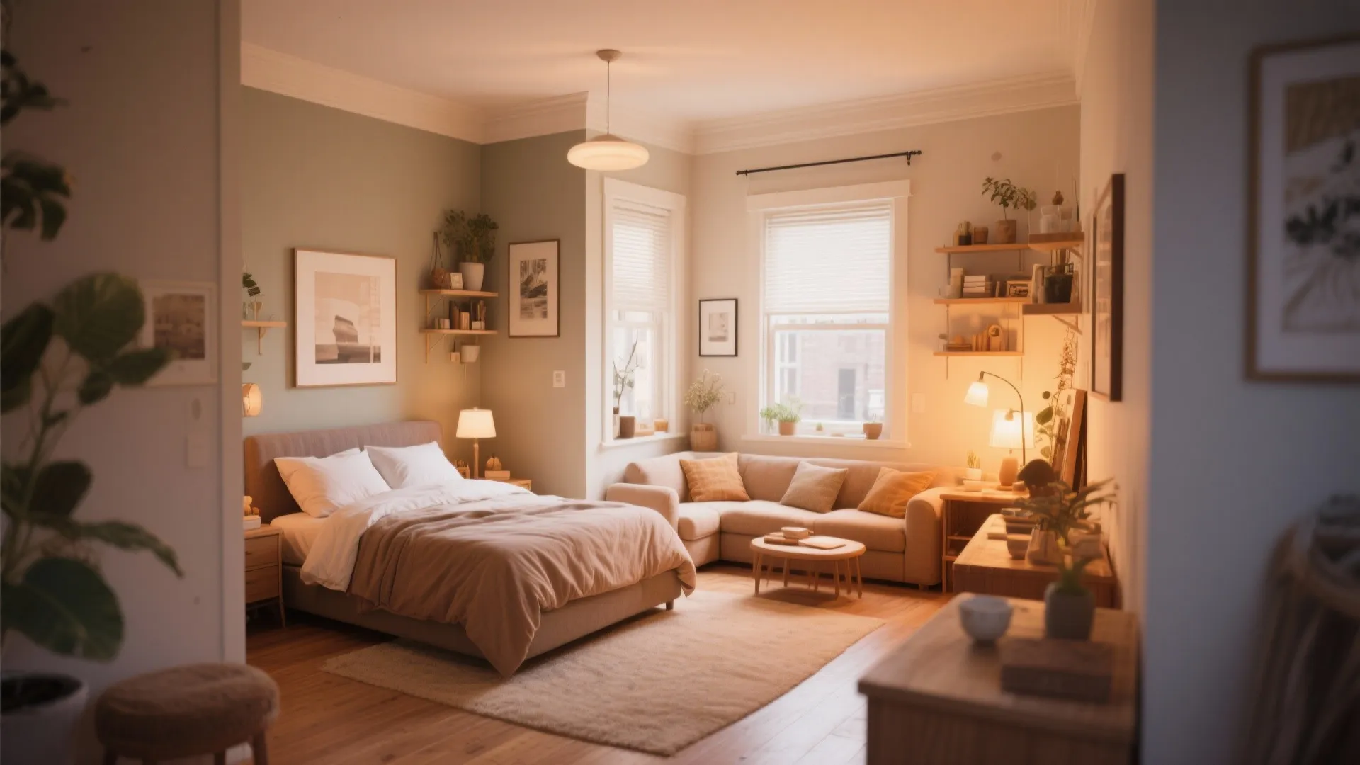 Warm studio apartment with brown bed beige sofa wooden floor small coffee table and ceiling light