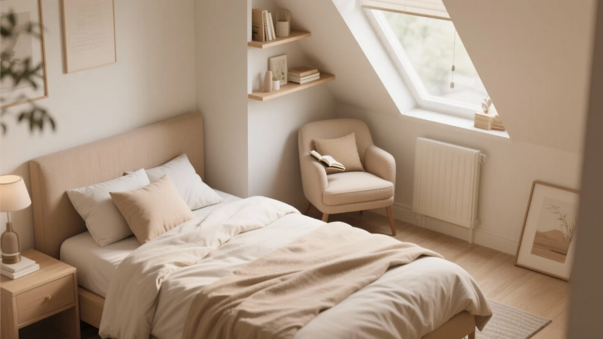 Cozy attic bedroom with wooden bed beige chair wall shelves books and large bright roof window