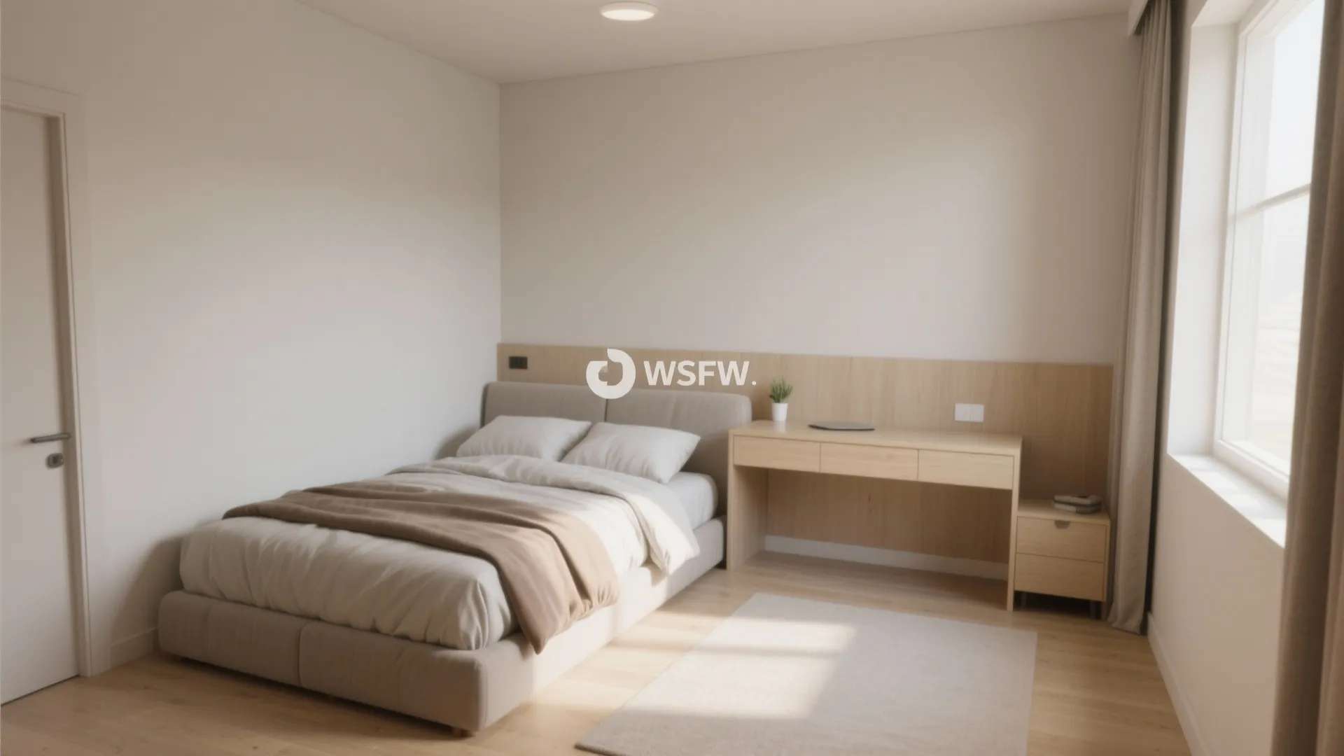 Small bedroom with corner-positioned bed and open floor space