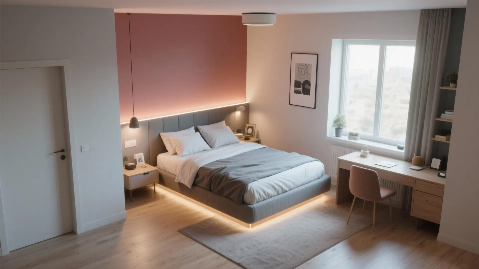 Bedroom with a pink accent wall gray bed light fixtures wooden desk and a window