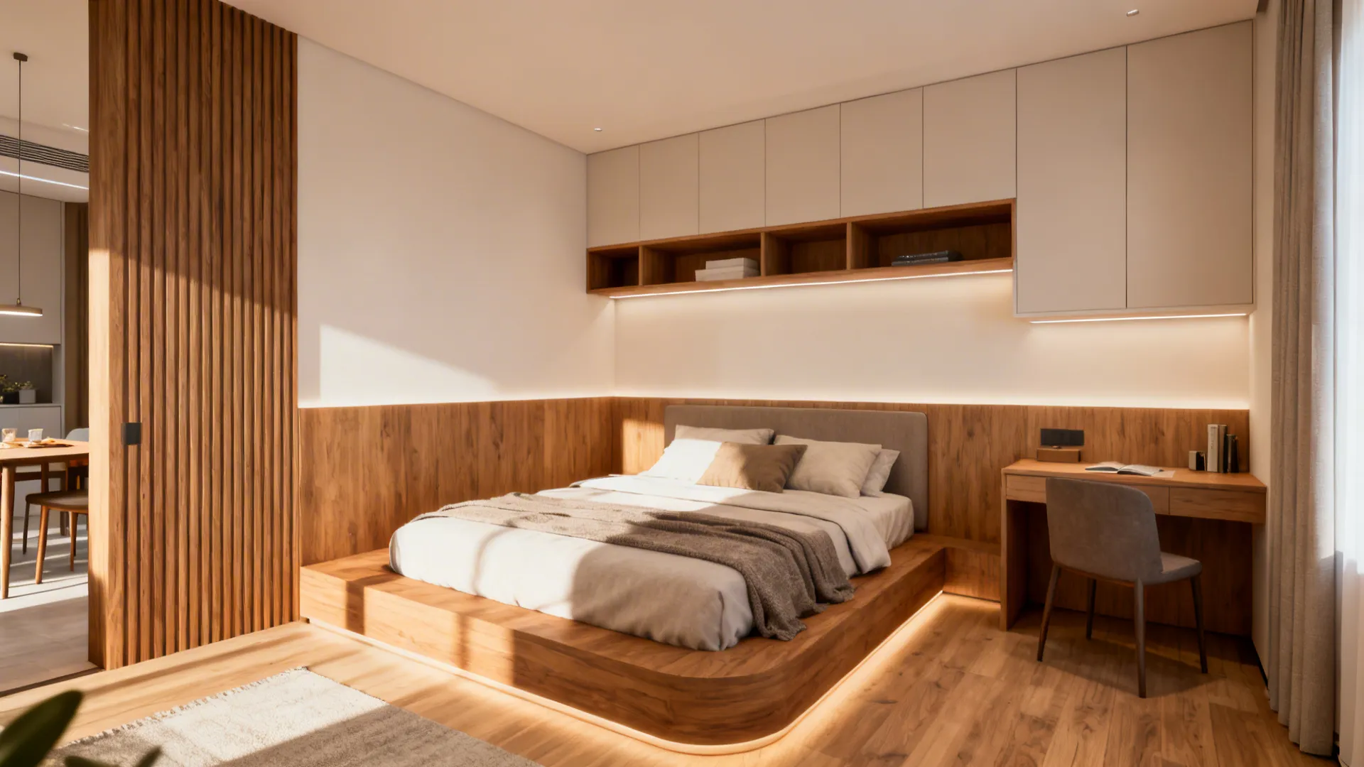 Corner bed with low headboard and open shelving, freeing walls for storage and a workspace.