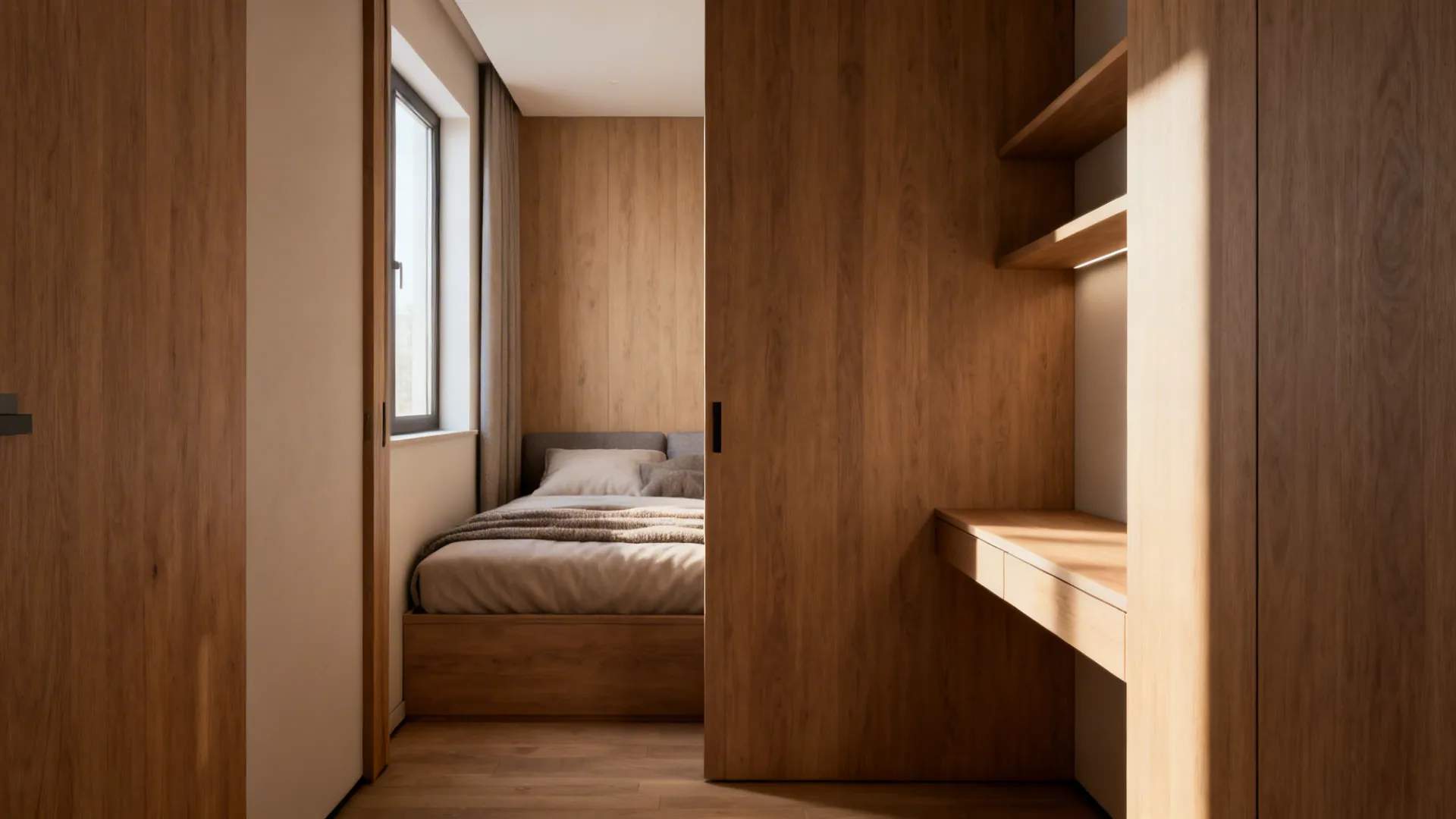 Compact bedroom with a double bed placed in the corner and a narrow desk beside it