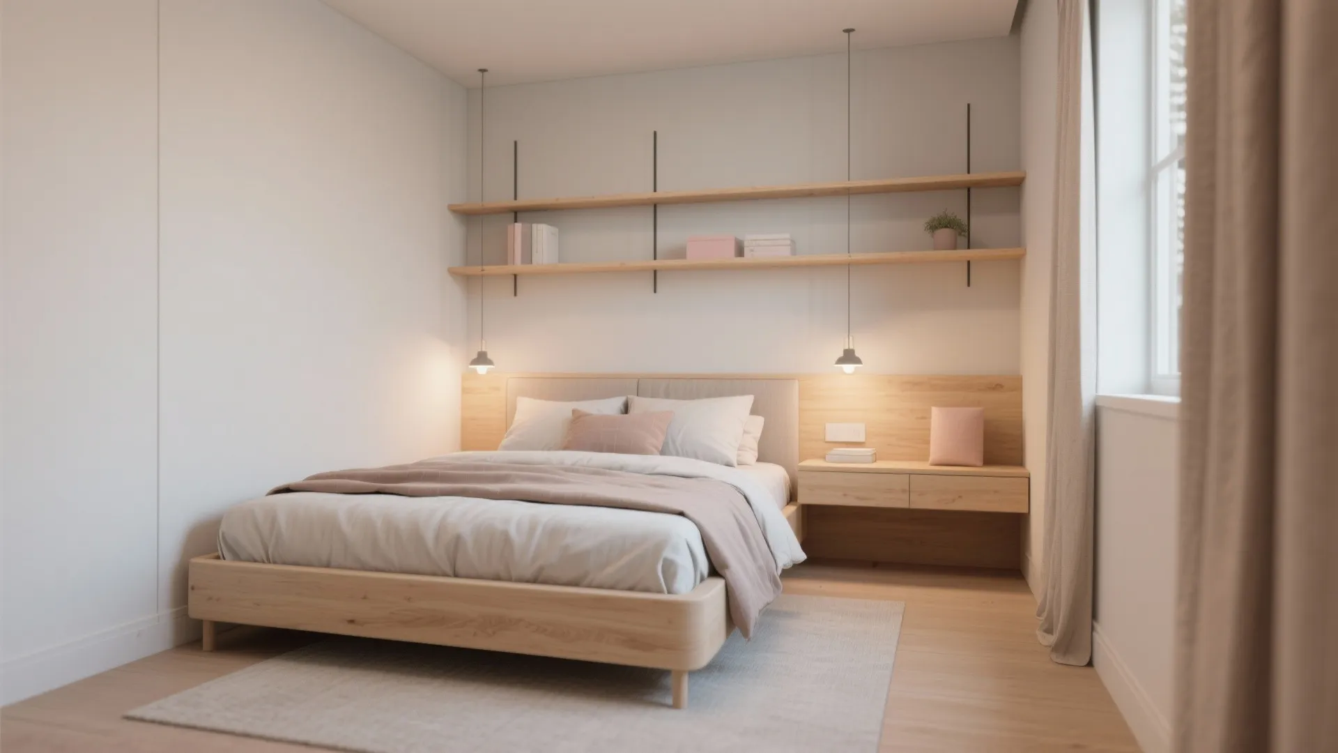 Minimalist bedroom featuring wooden bed frame with pink pillows and wall shelves under warm hanging lights