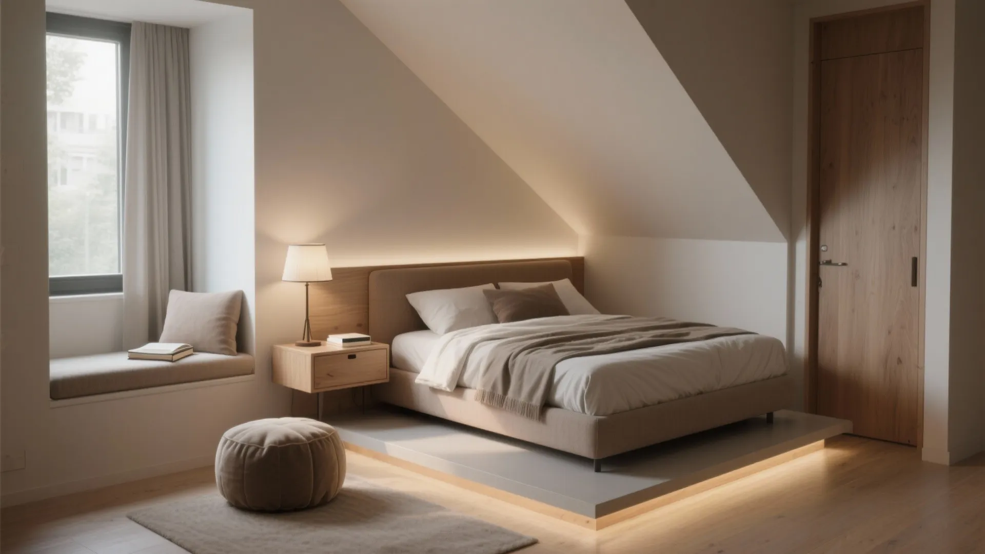 Corner-placed bed at 45 degrees with floating nightstands and a cozy window reading nook.