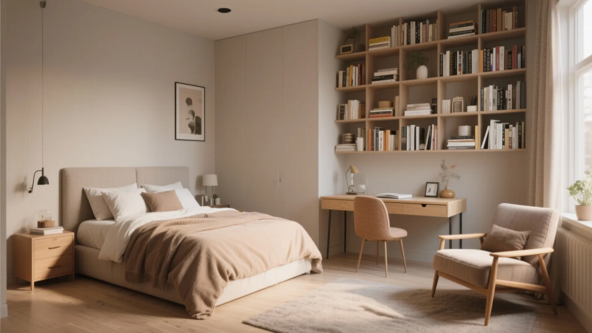 Cozy bedroom interior design with wooden desk, wall bookshelf, comfortable chair, and soft natural lighting