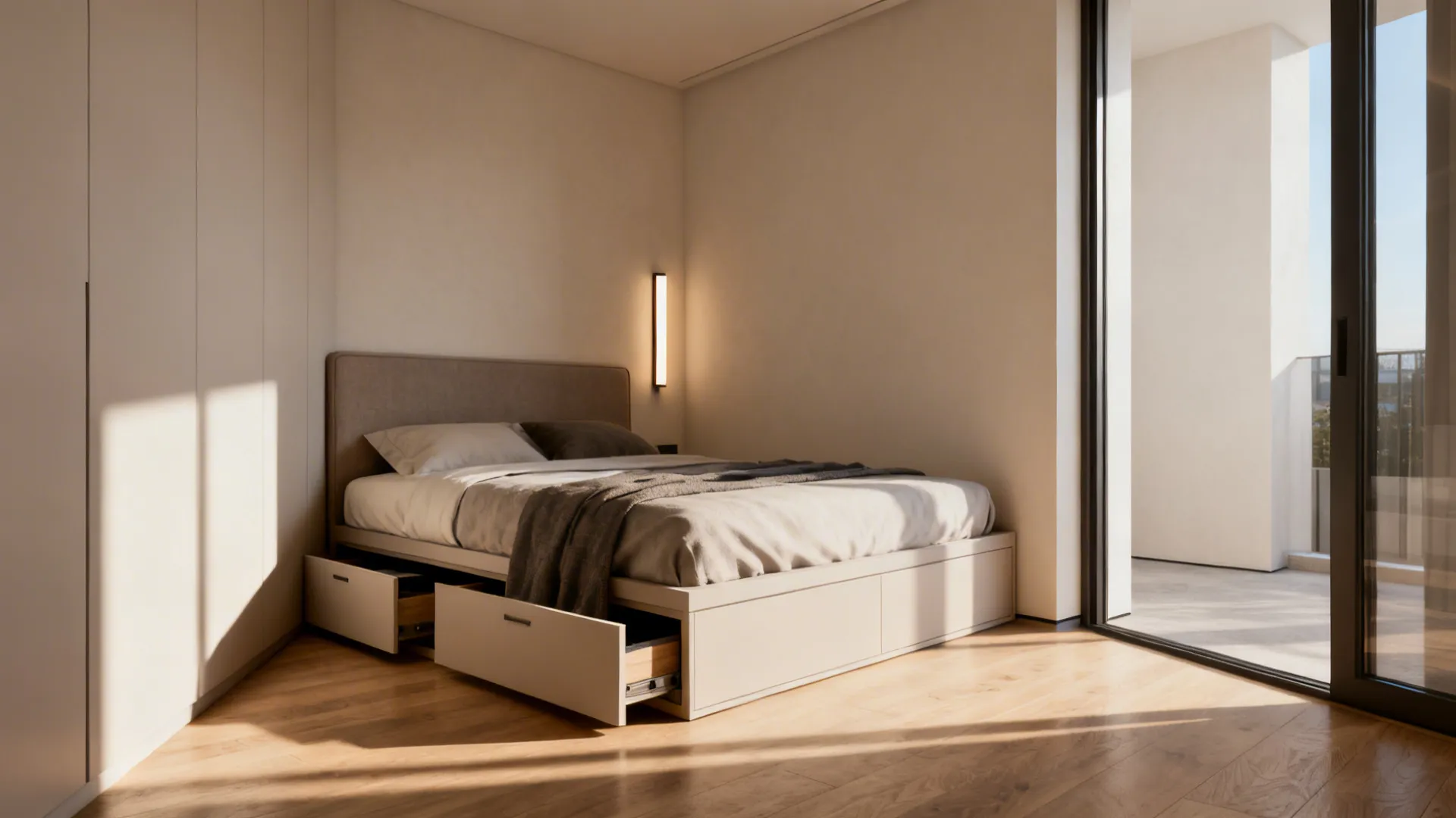 Compact bedroom with a corner bed and under-bed drawers freeing central floor space.